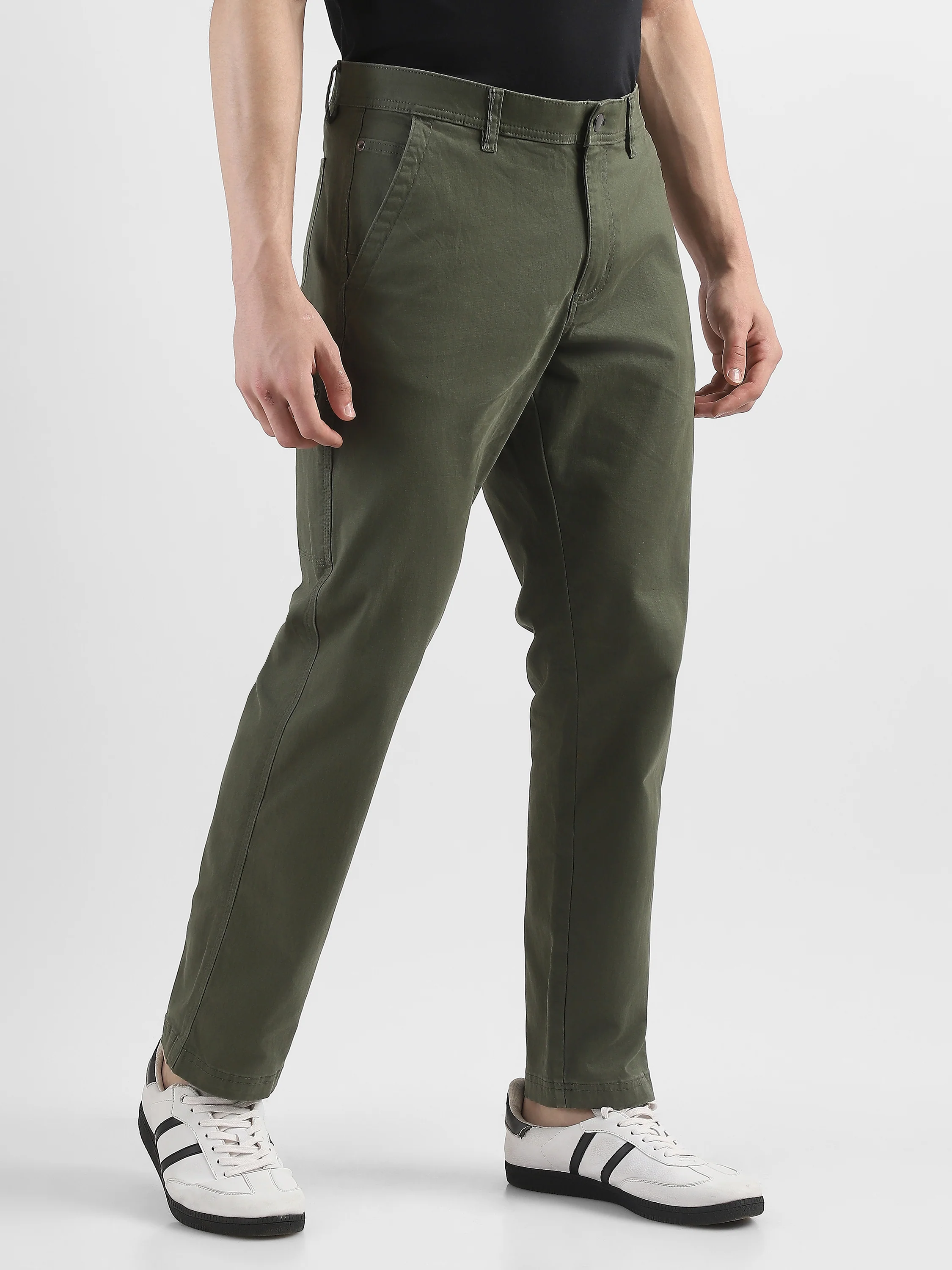 Men Olive Cotton Blend Formal Trousers