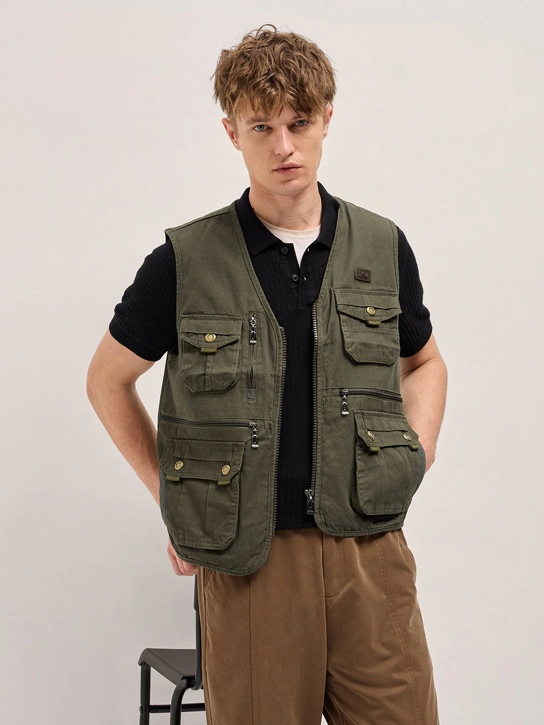 Men Olive Outdoor Utility Multi-Pocket Vest Jacket