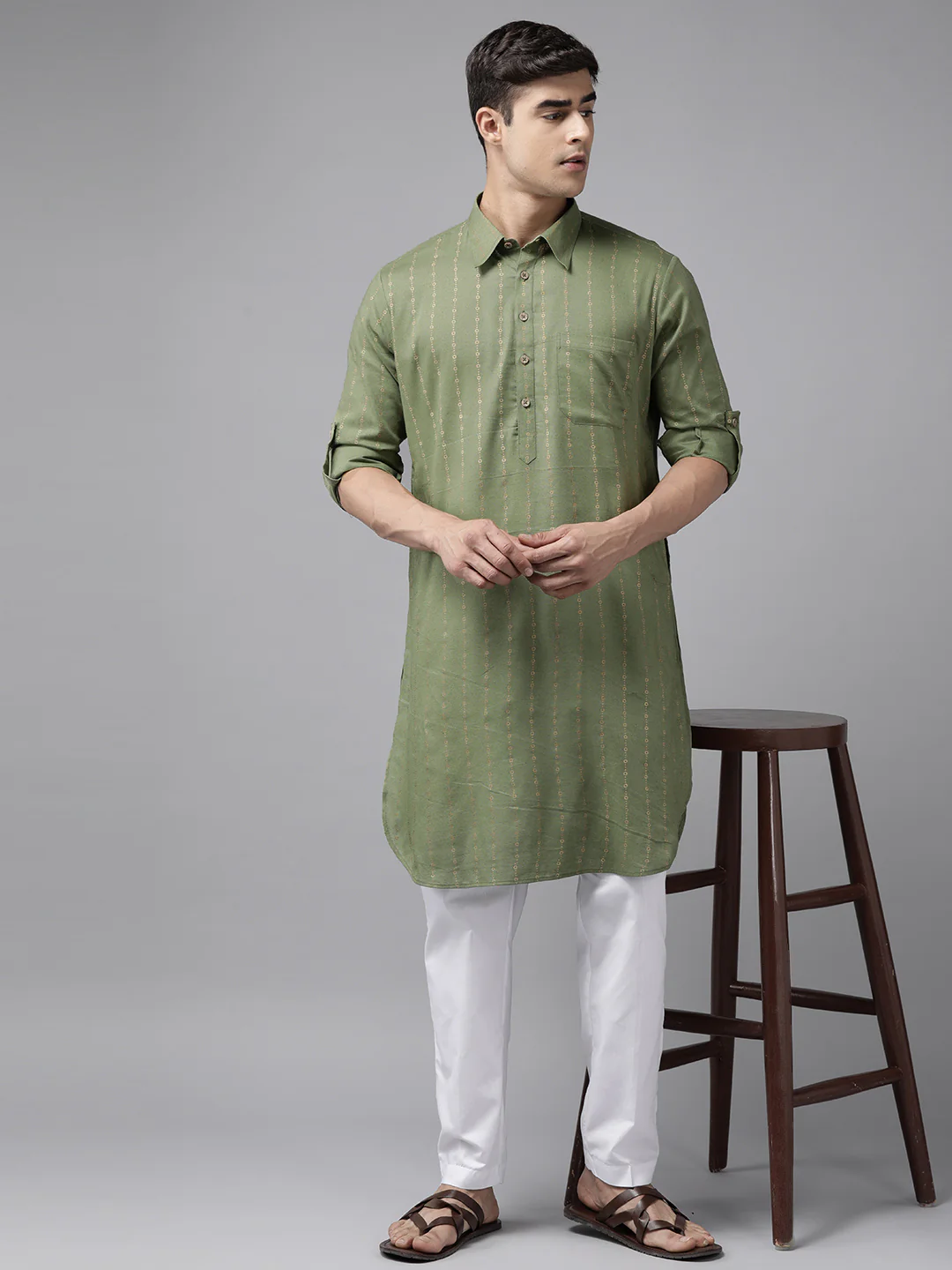 Men Olive Pure Cotton Pathani Kurta