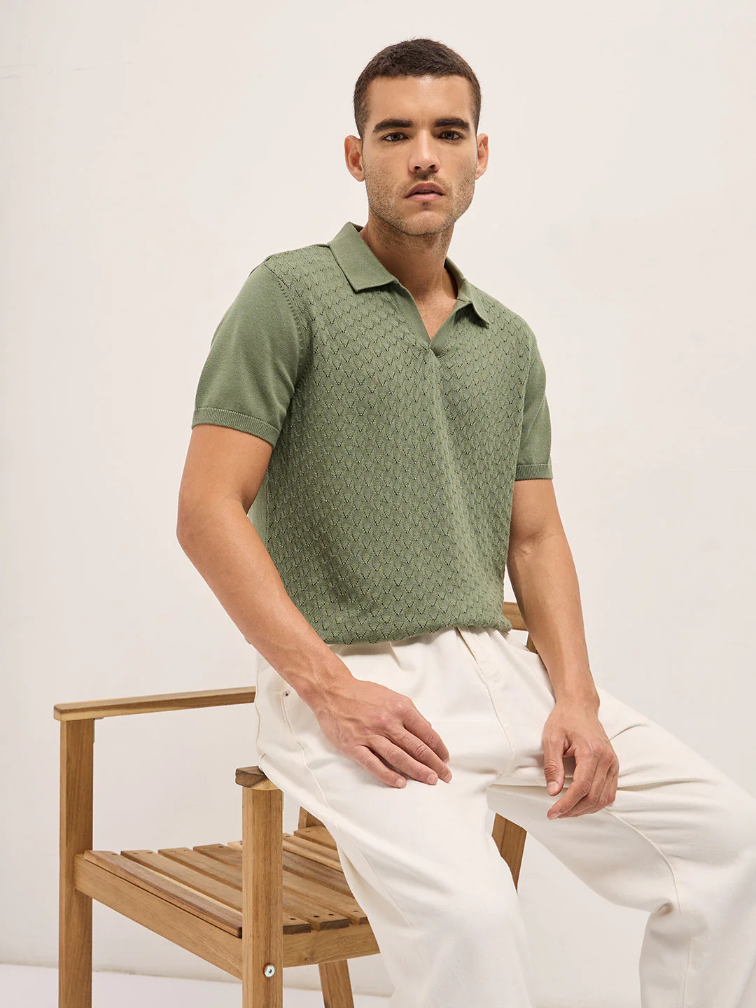 Men Olive Slim Fit Textured Knit Polo