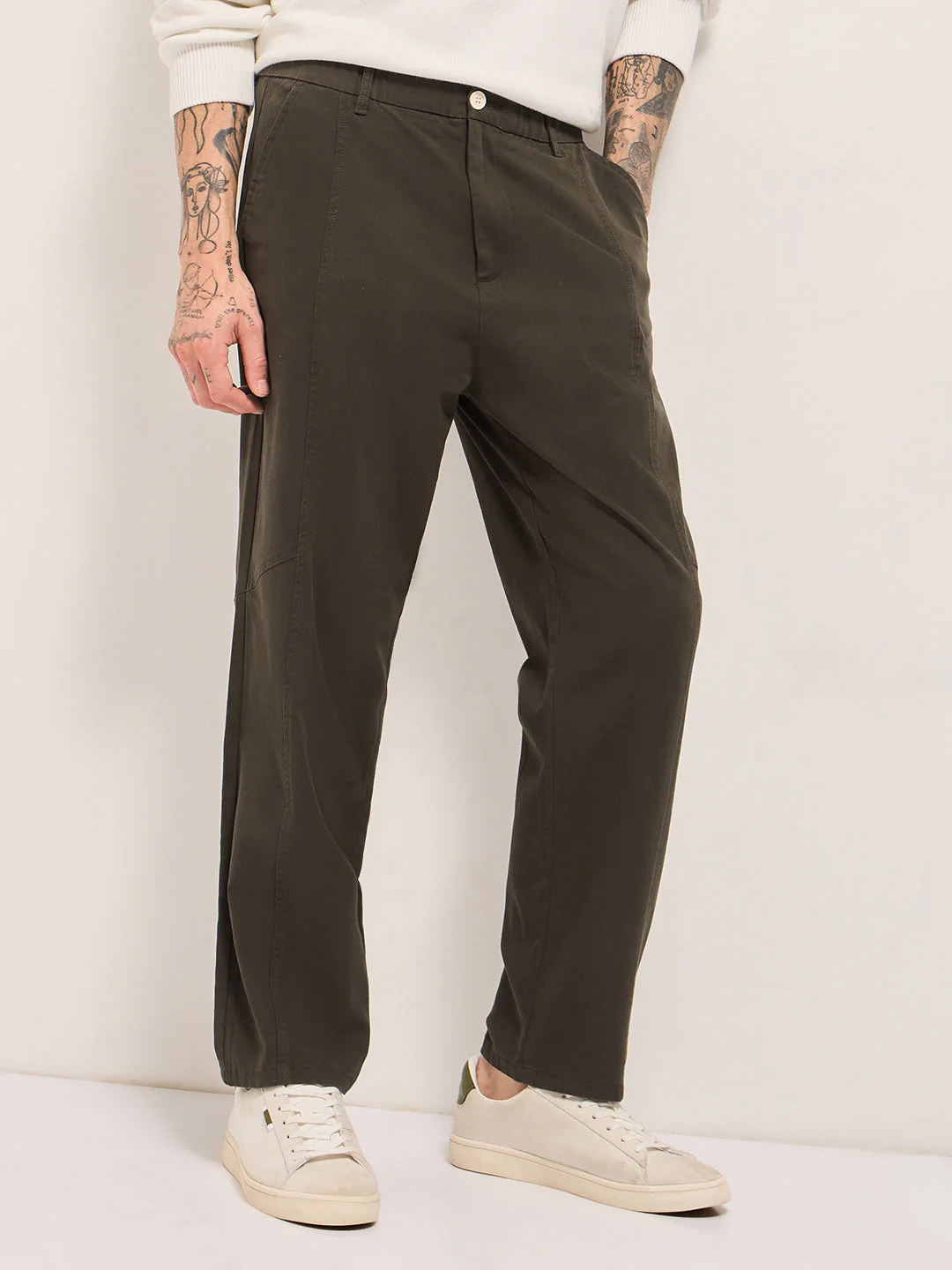 Men Olive Solid Baggy Fit Casual Trouser