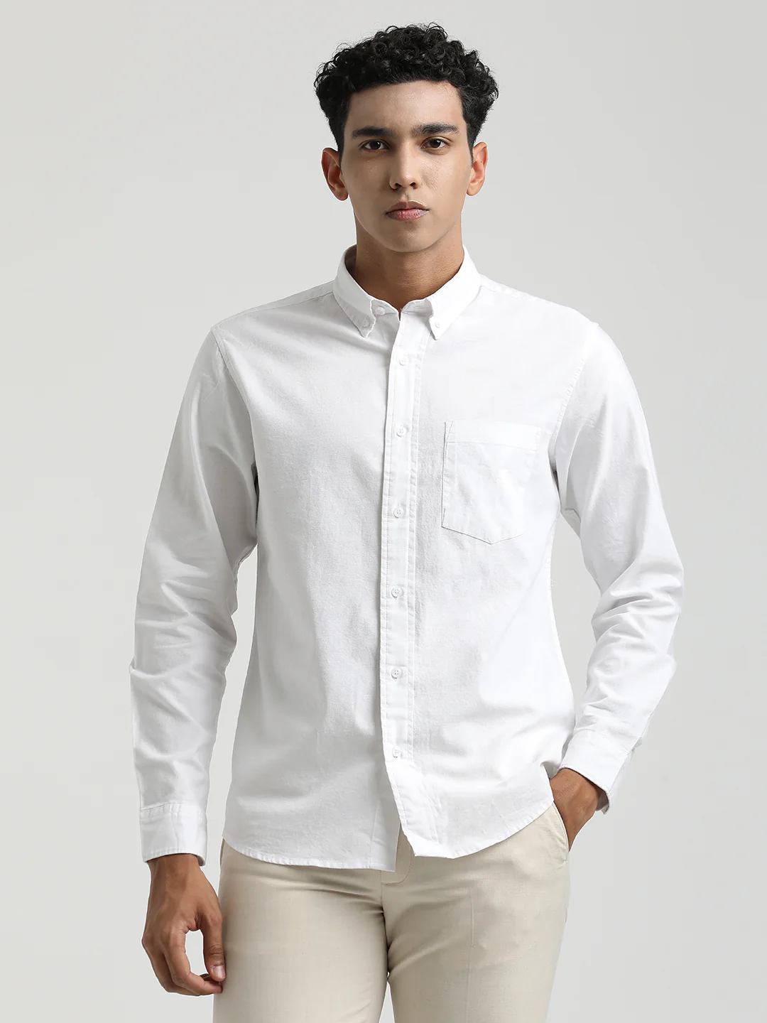 Men Oxford Cotton Shirt with Button-Down Collar