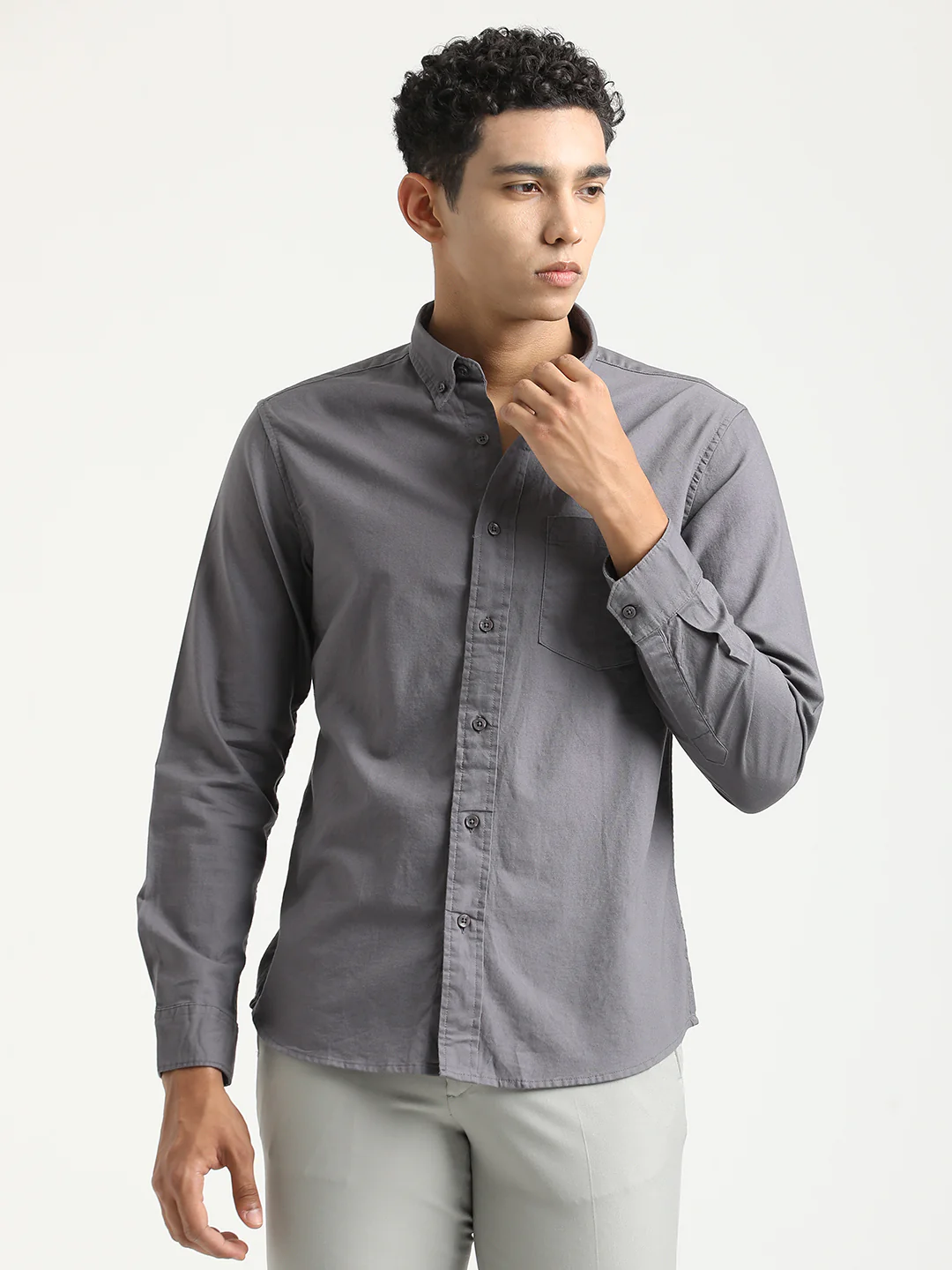 Men Oxford Cotton Shirt with Button-Down Collar