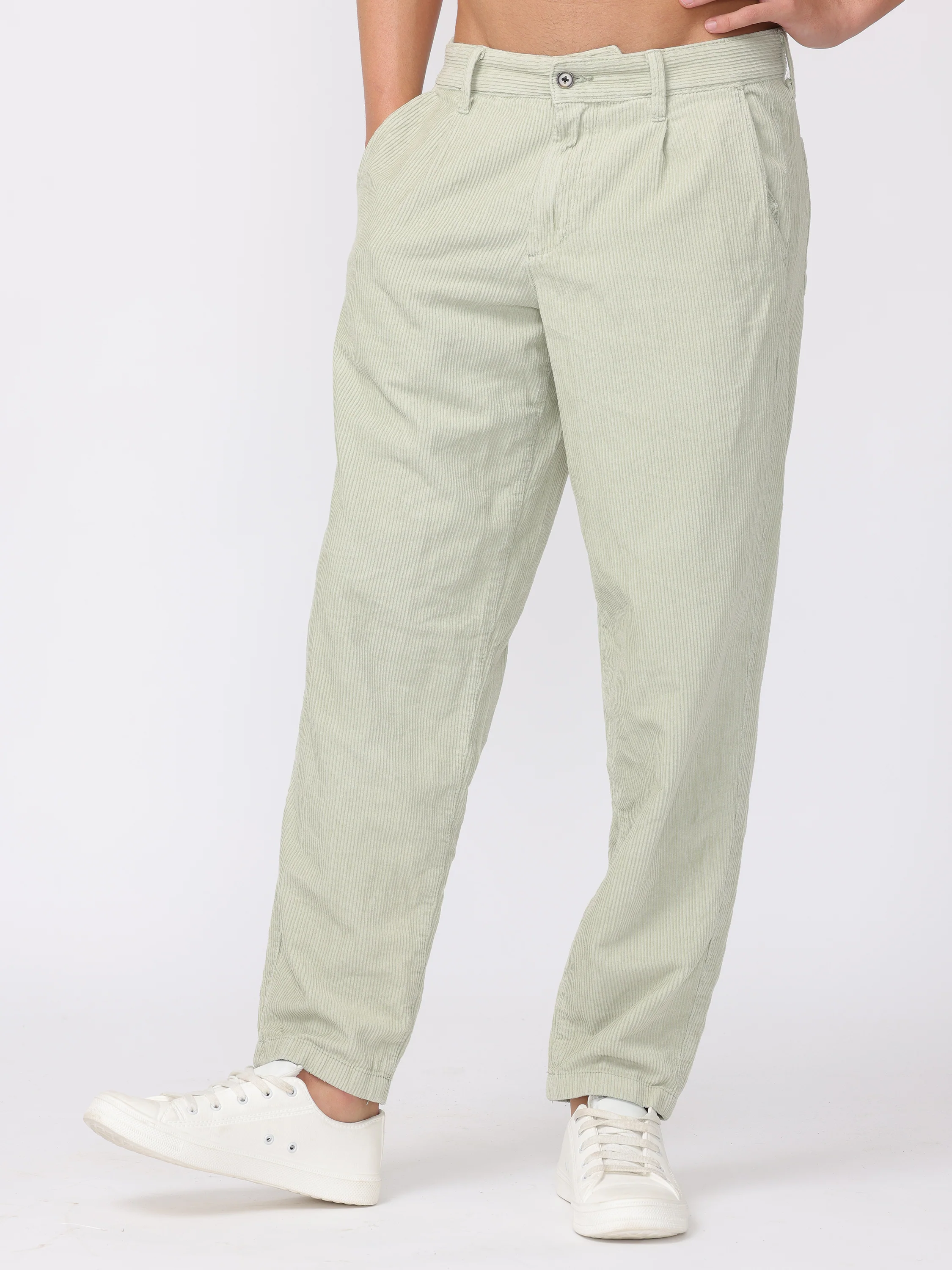 Men Pastel Green Regular Fit Corduroy Trousers