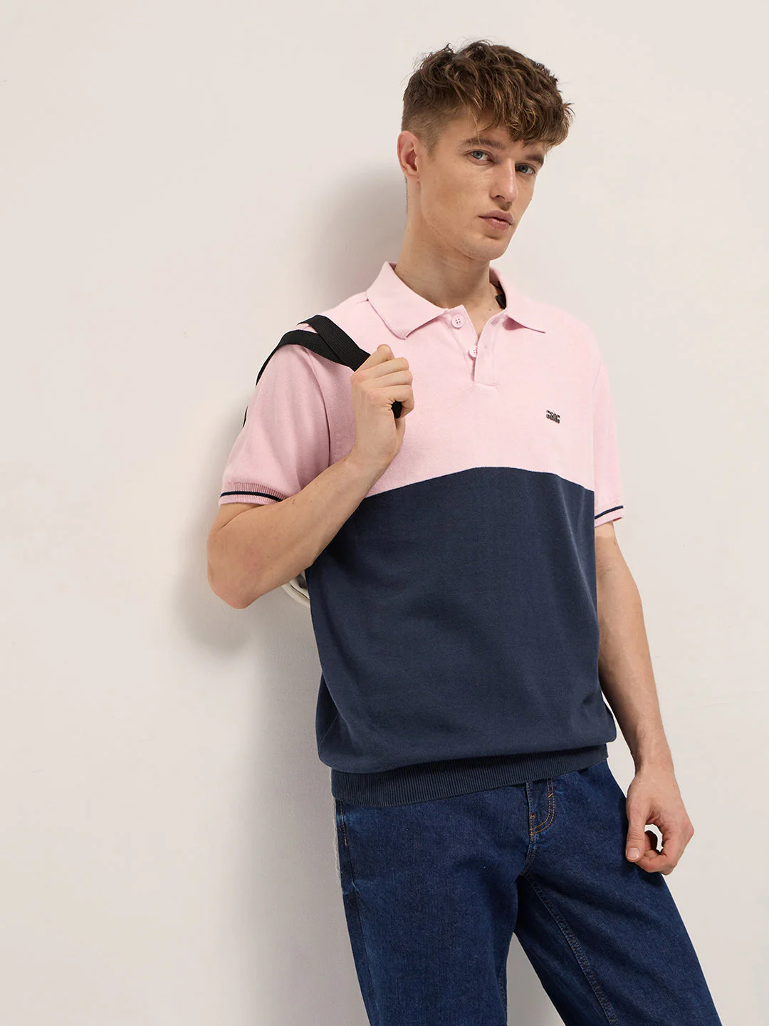 Men Pink & Blue Color-Block Design Regular Fit Polo