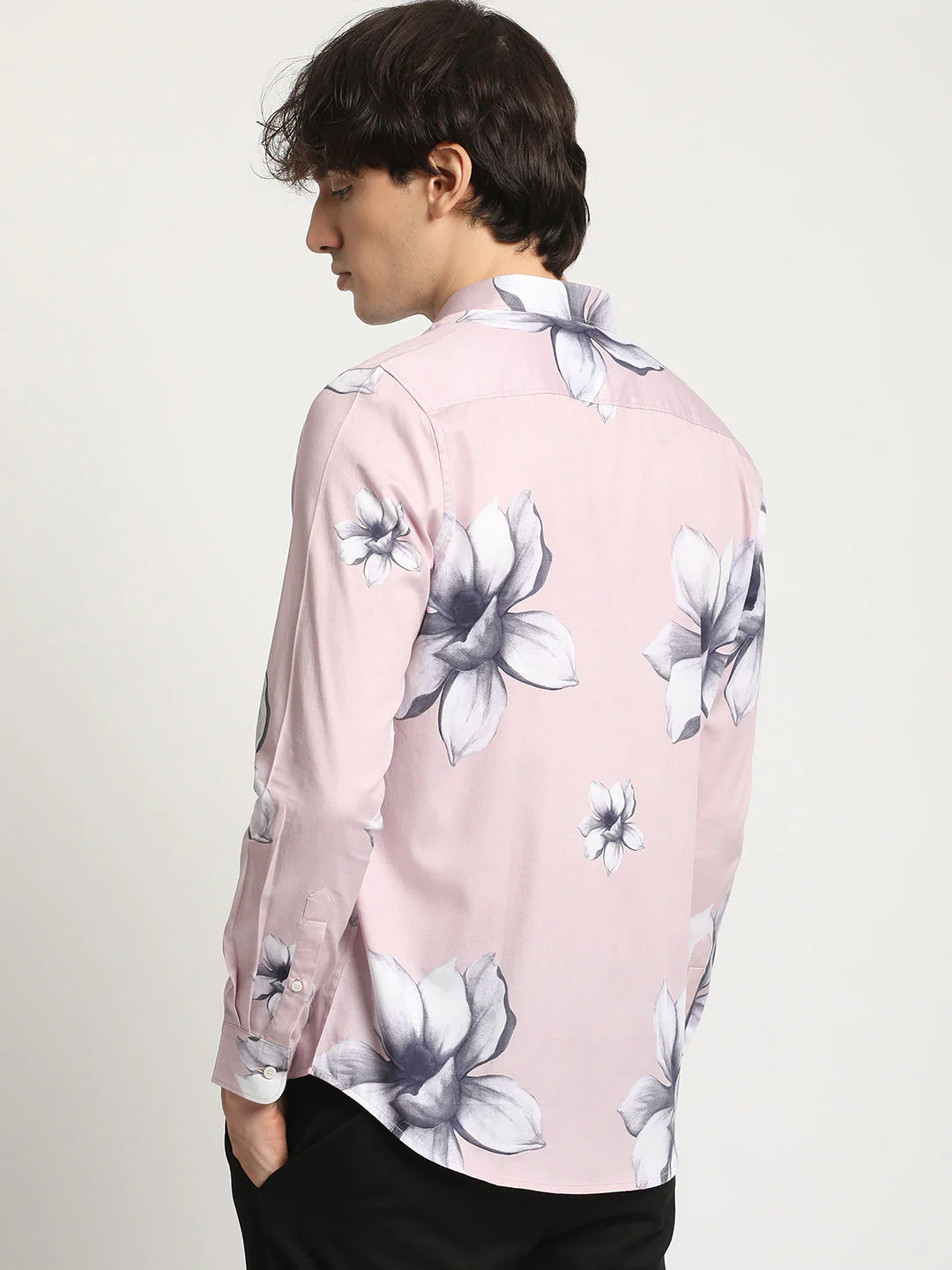 Men Pink Floral Print Long-Sleeve Slim Fit Casual Shirt - Image 4