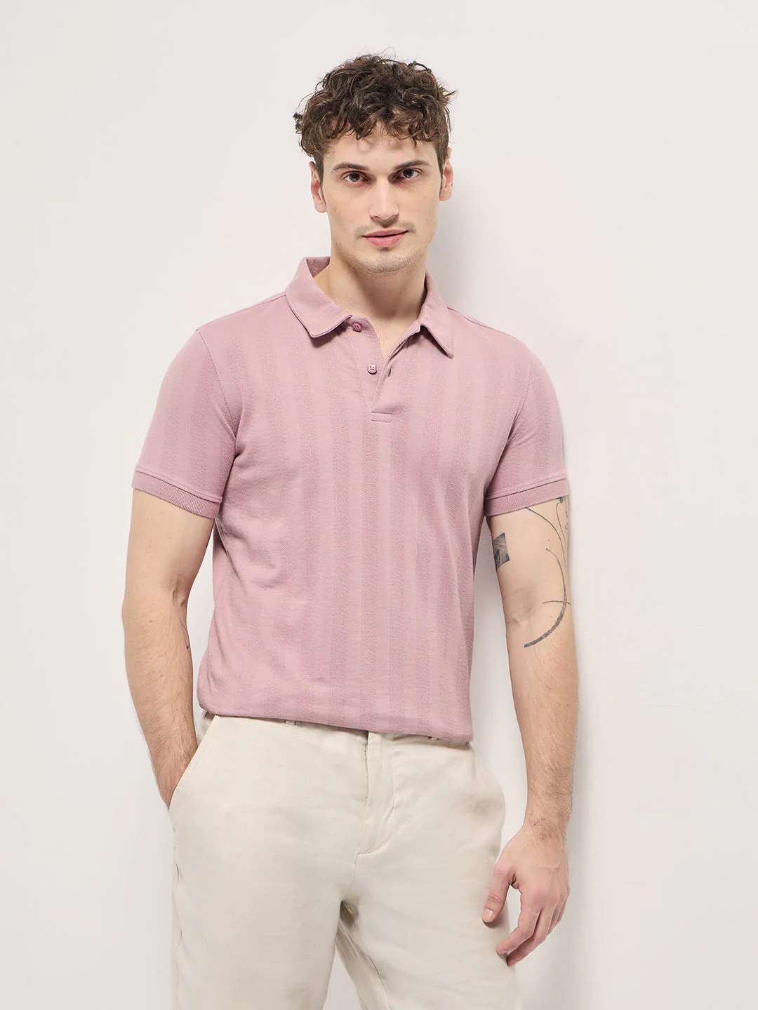 Men Pink Stripe Textured Design Regular Fit Polo