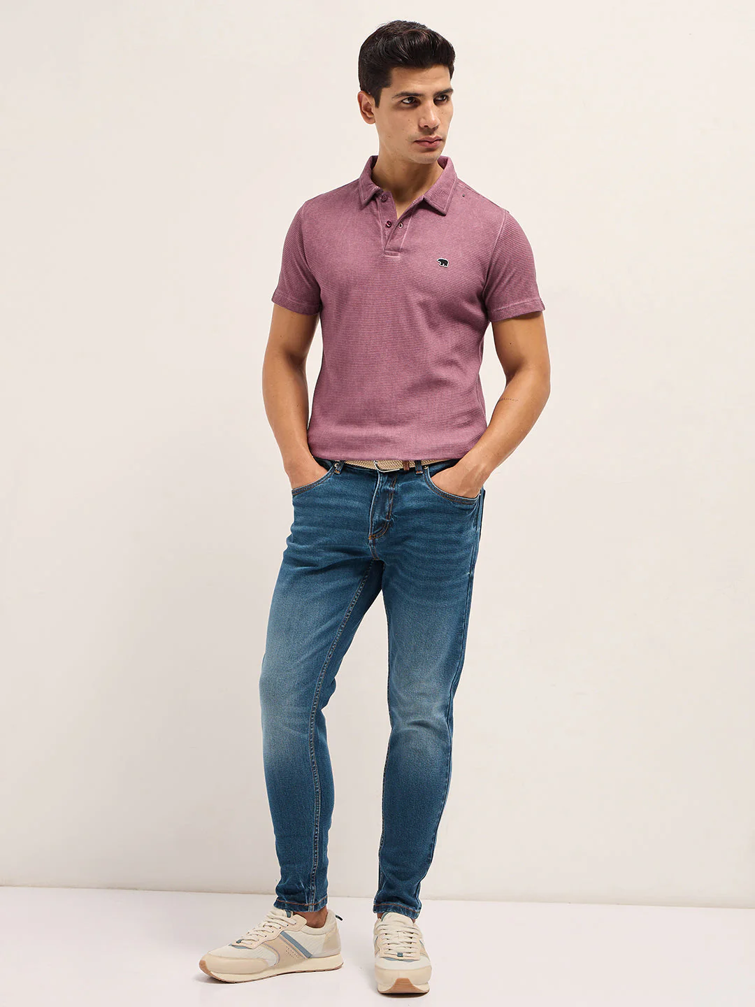 Men Pink Textured Knit Slim Fit Polo - Image 4