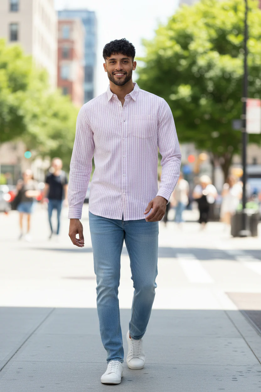 Men Pink & White Stripe Shirt