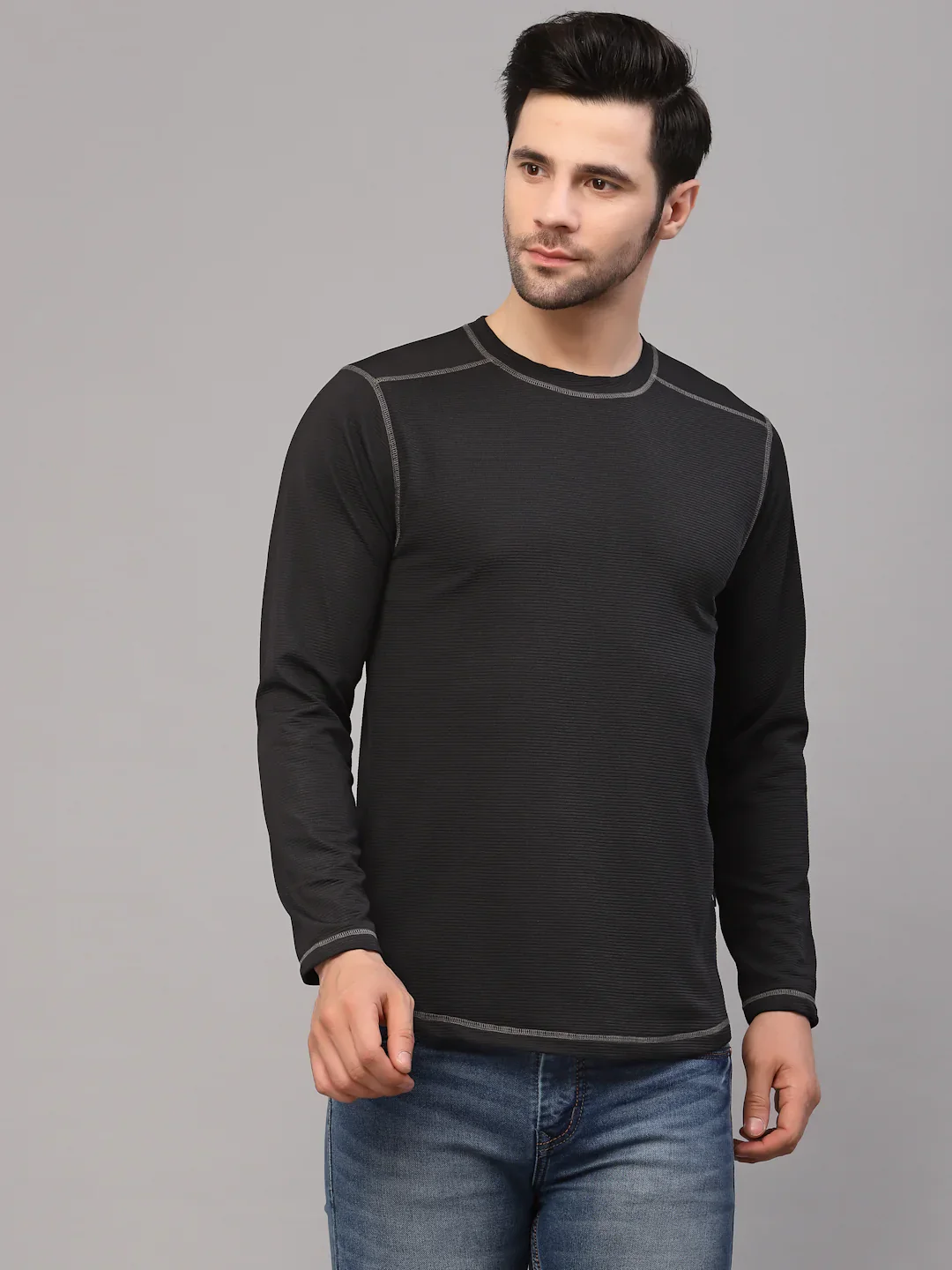 Men Black Poly Corduroy Round Neck TShirt