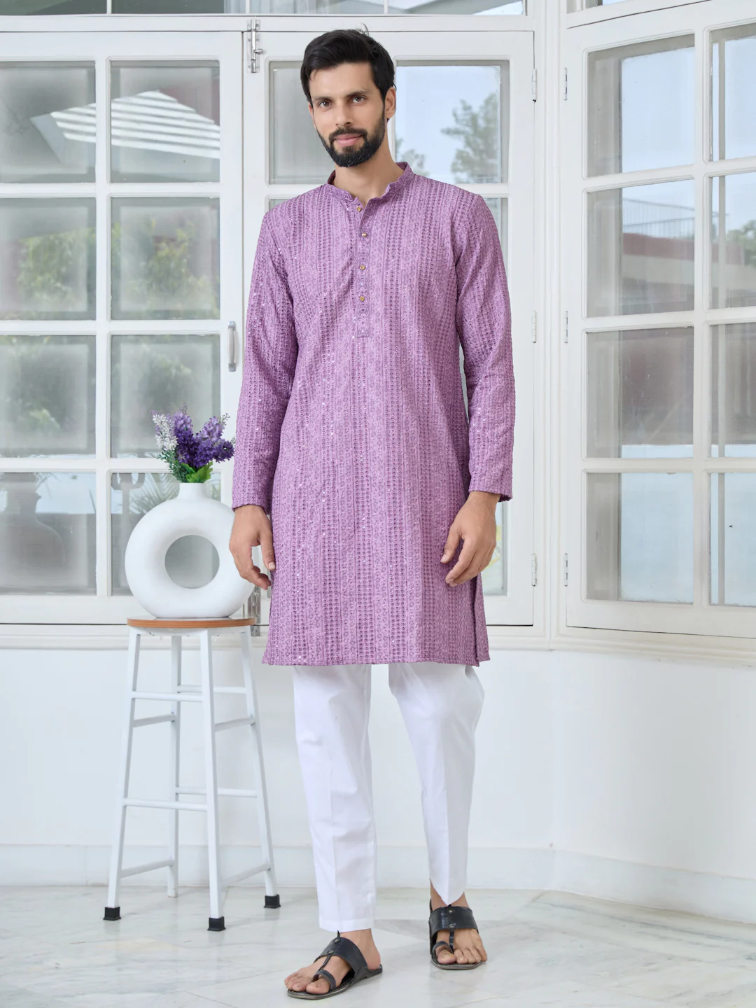 Men Purple Embroidered Rayon Kurta