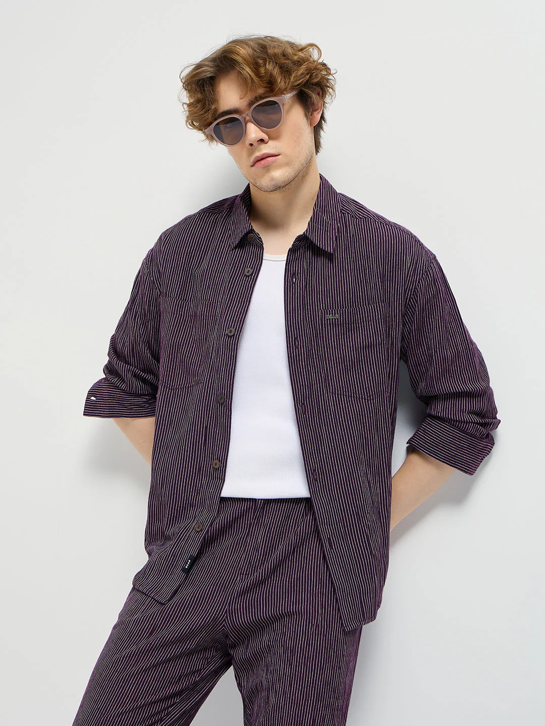 Men Purple Pinstripes Regular Fit Casual Shirt