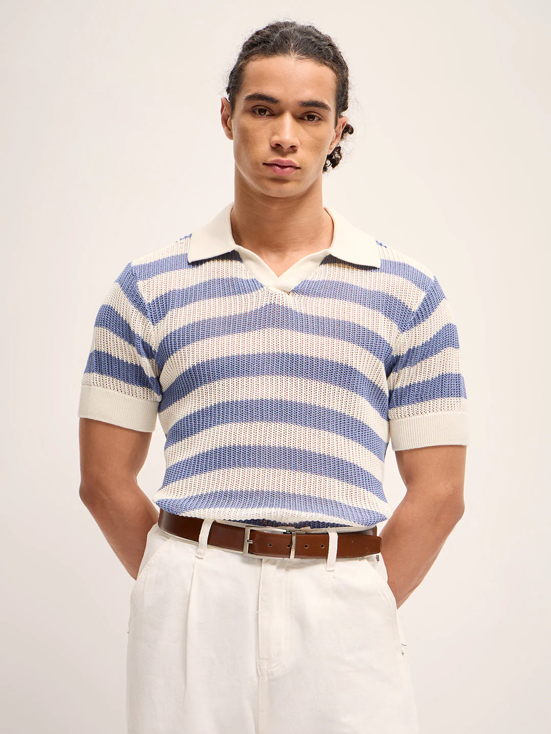 Men PurpleWhite Horizontal Textured stripes Regular Fit Polo
