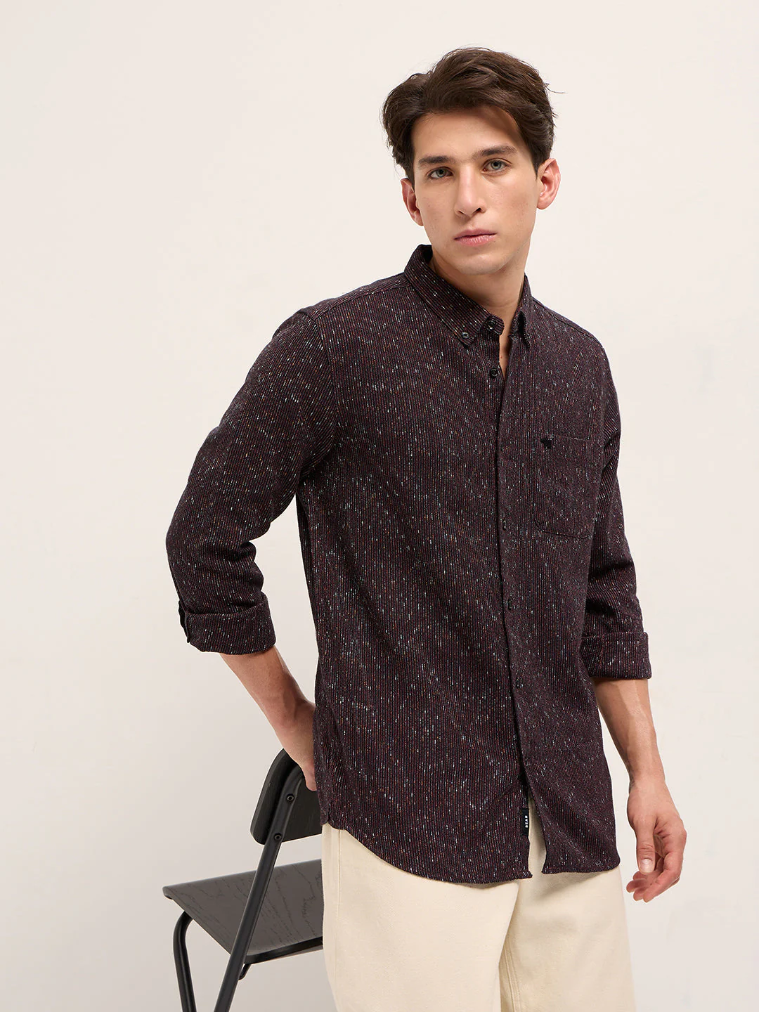 Men Rust Woven Design Cotton Blend Slim Fit Casual Shirt
