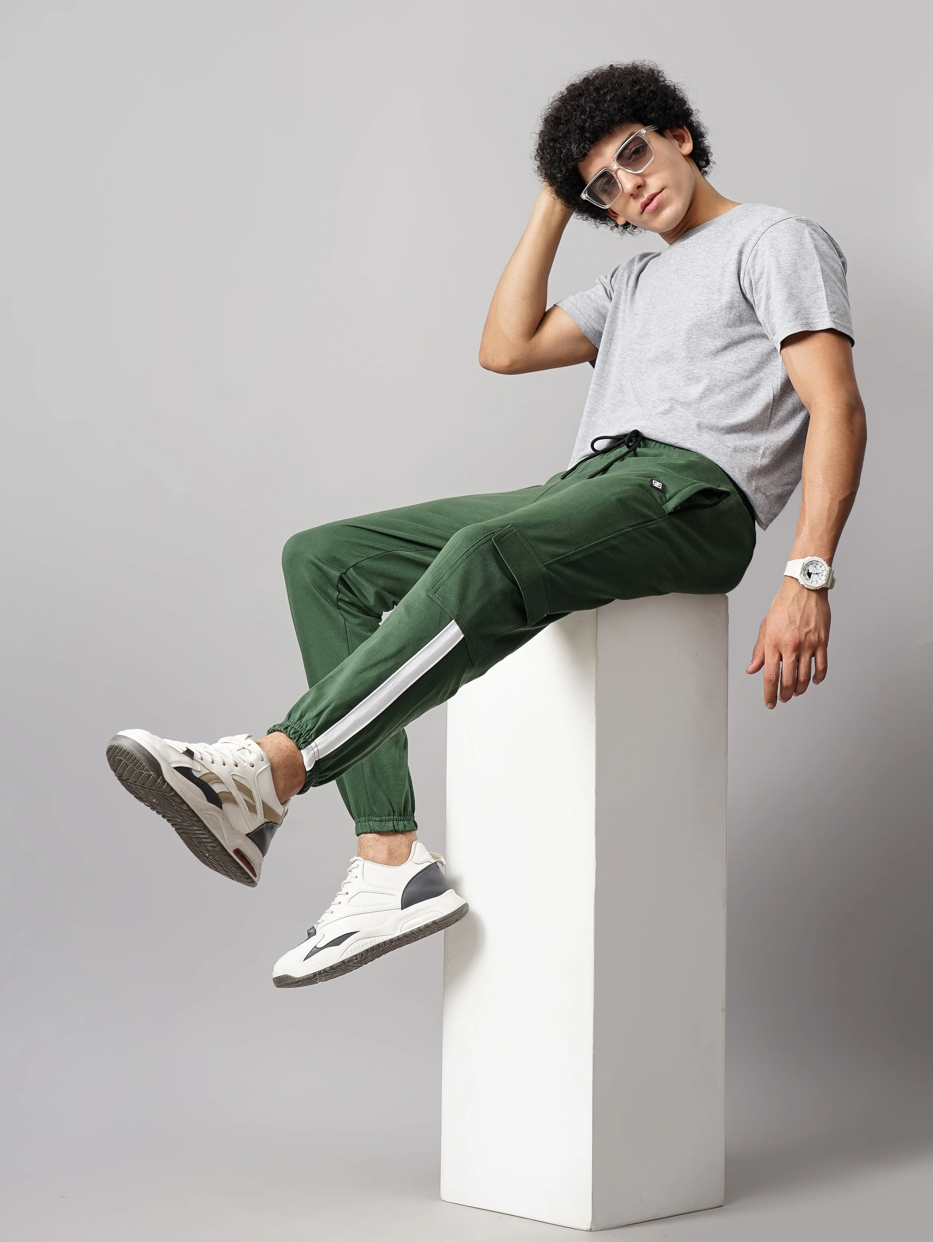 Men Sash Olive Knitted Cargo Pant