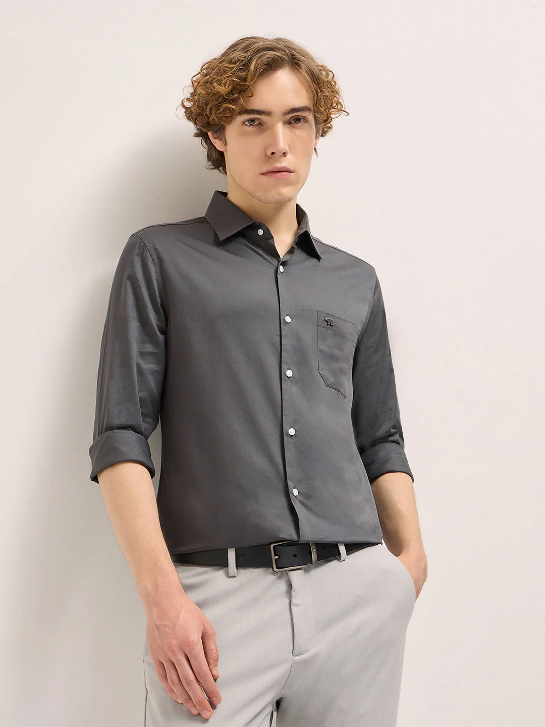 Men Shirt Charcoal Tailored Fit Solid Formal Shirt