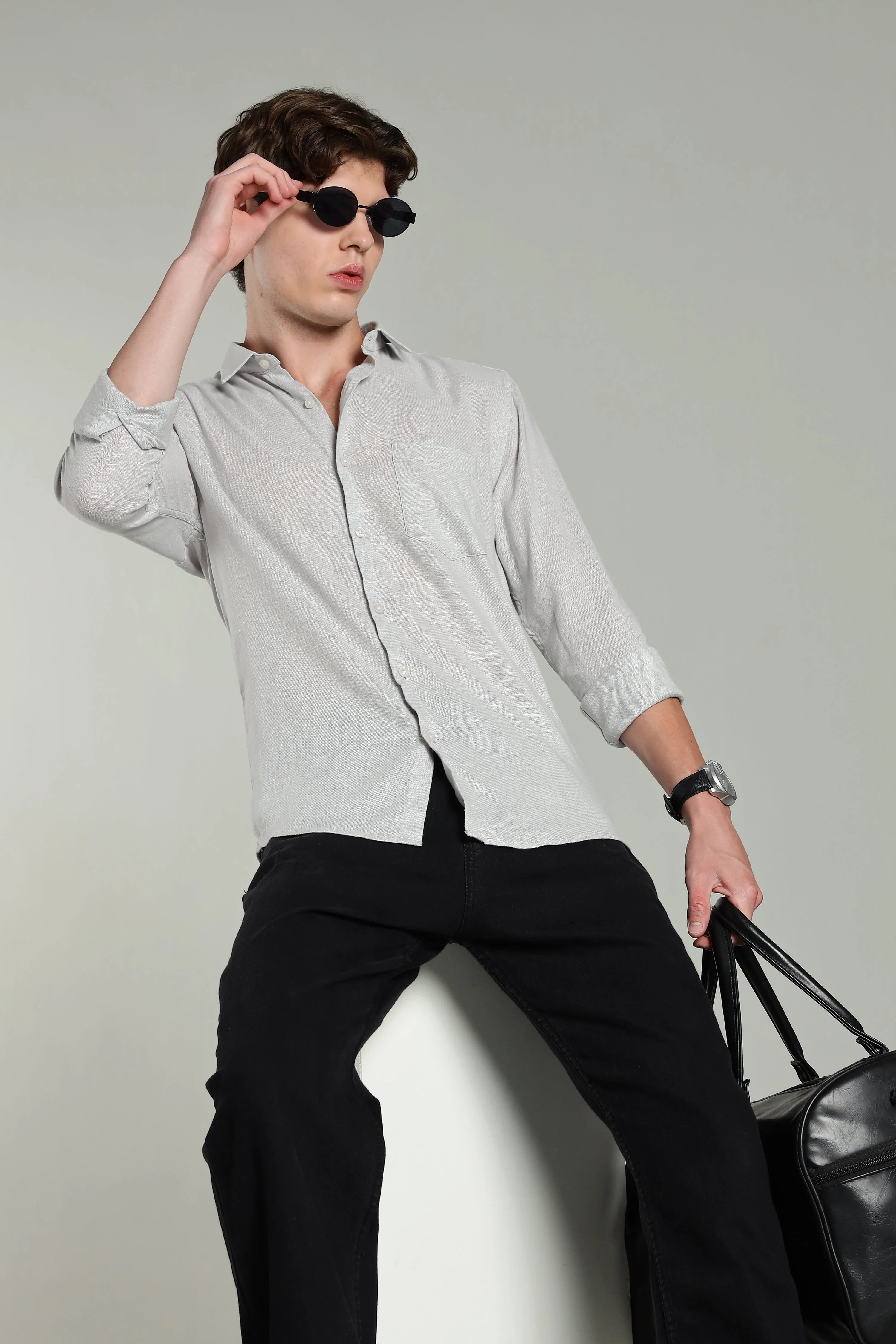 Men Star Linen Grey Solid Shirt