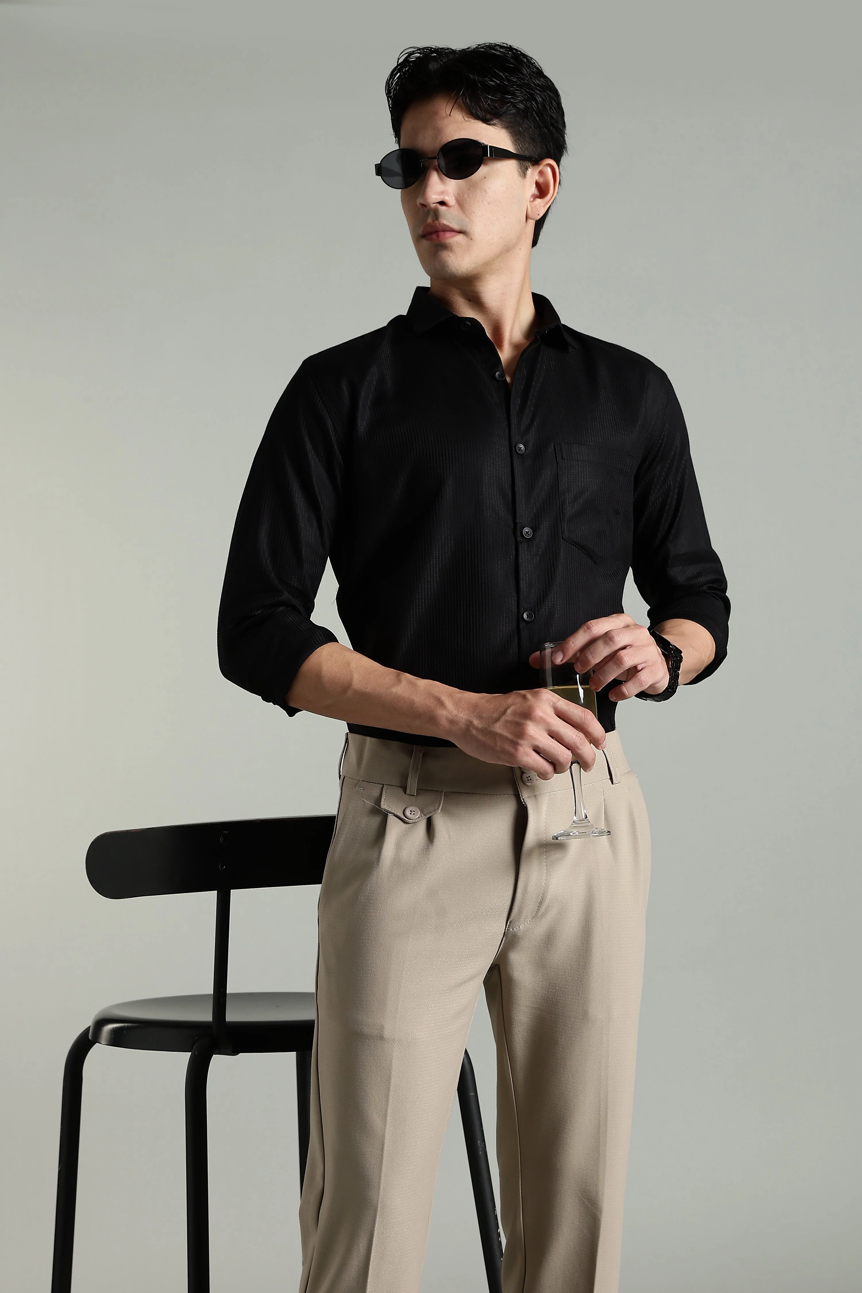Men Stria Black Solid Shirt