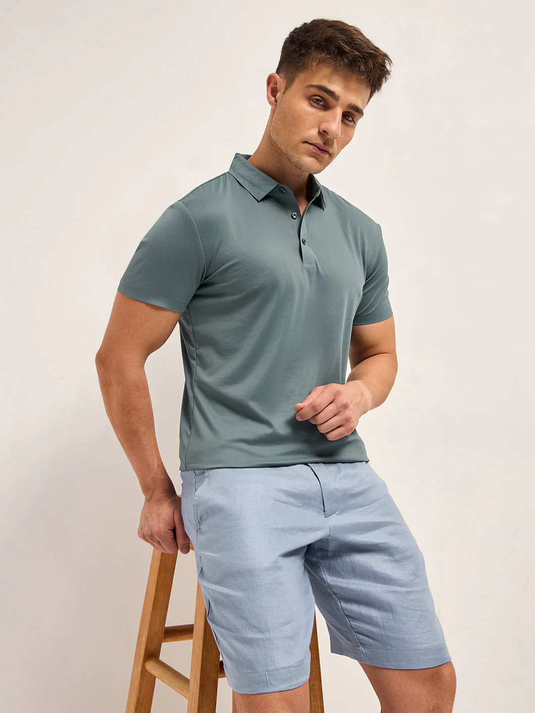 Men Teal Blue Solid Regular Fit Polo T-shirt