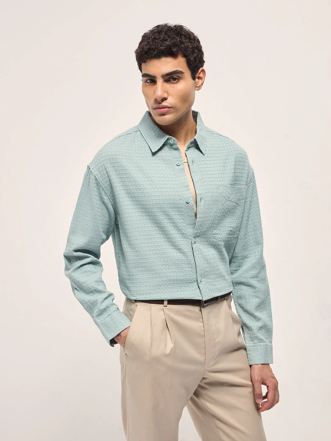 Men Teal Blue Texture Woven Design Relax Fit Overshirt