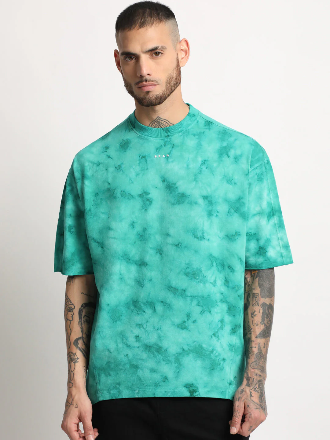 Men Teal Green Tie & Dye Round Neck T-shirt - Image 3