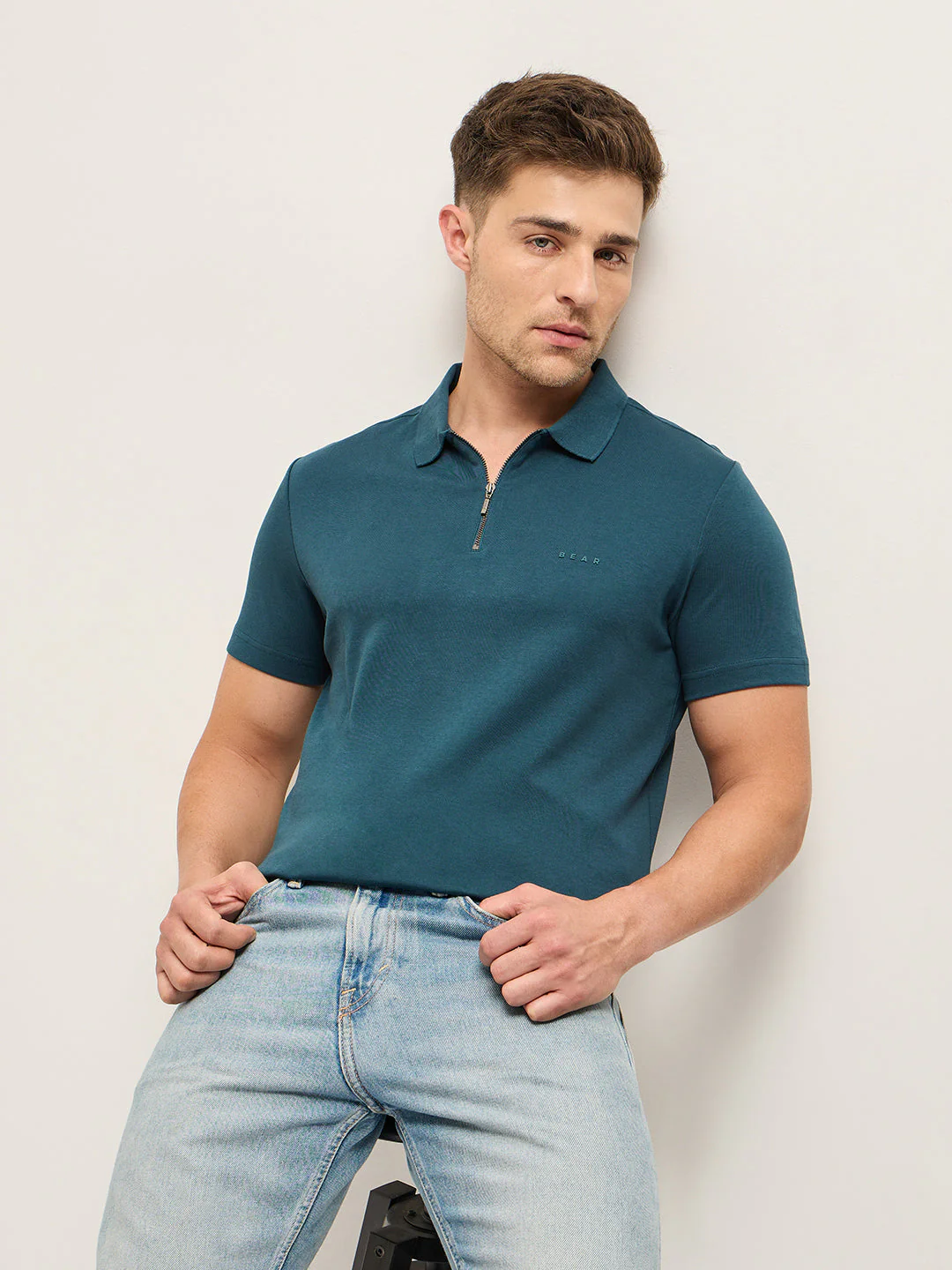 Men Teal Solid Regular Fit Polo T-shirt