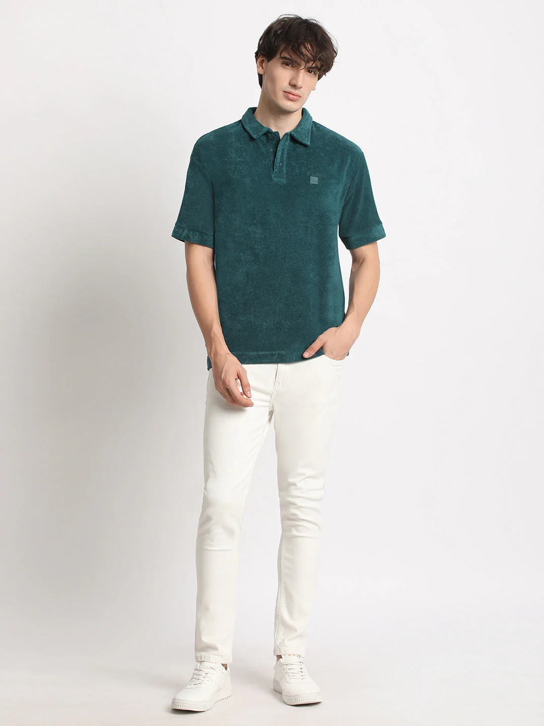 Men Teal Solid Relaxed Fit Polo T-shirt - Image 5