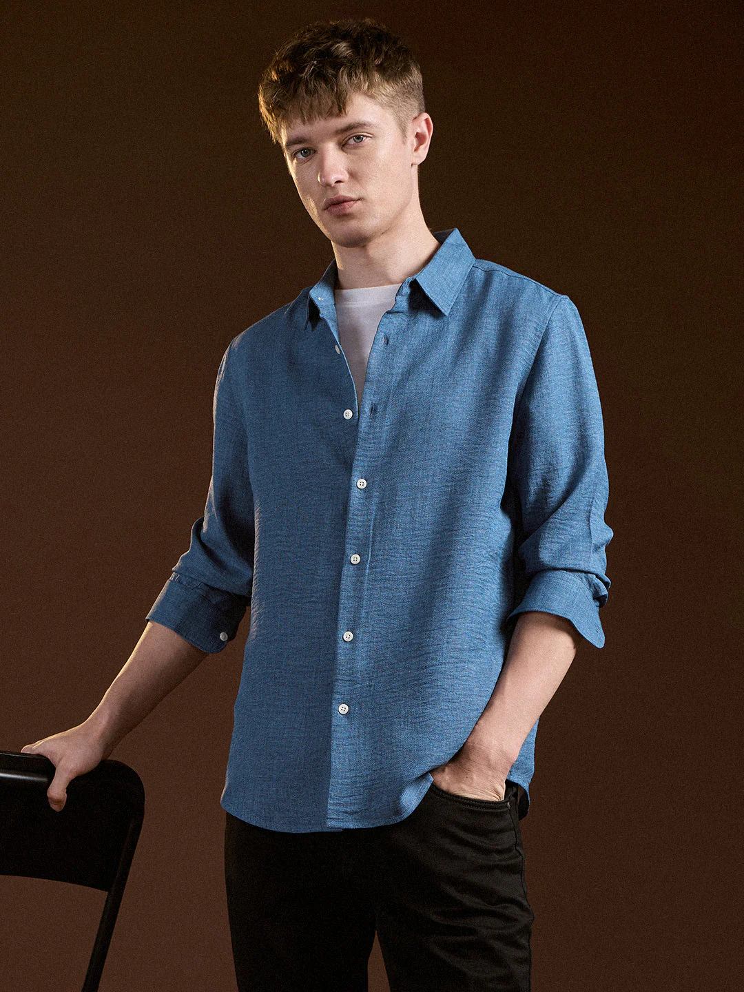 Men Teal Solid Seersucker Effect Slim Fit Casual Shirt