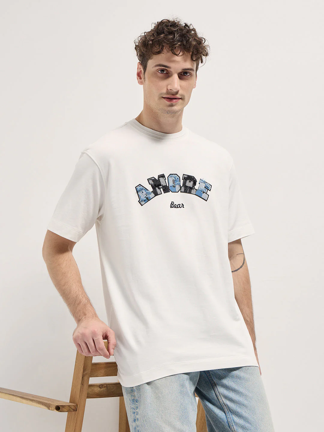 Men White AMORE Patchwork Design Oversize Crew Neck T-shirt