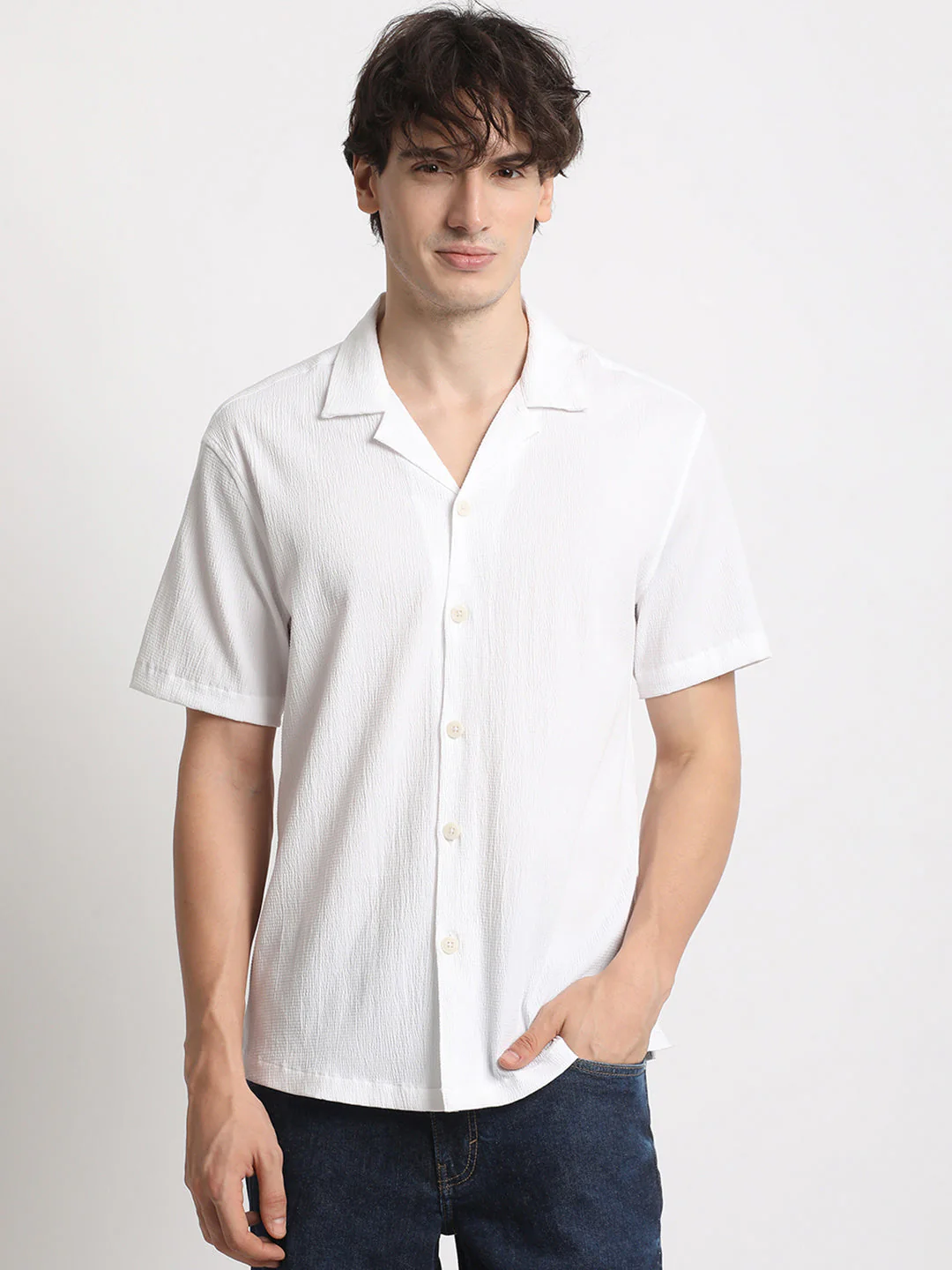 Men White Self design Regular Fit Casual Shirt - Image 2