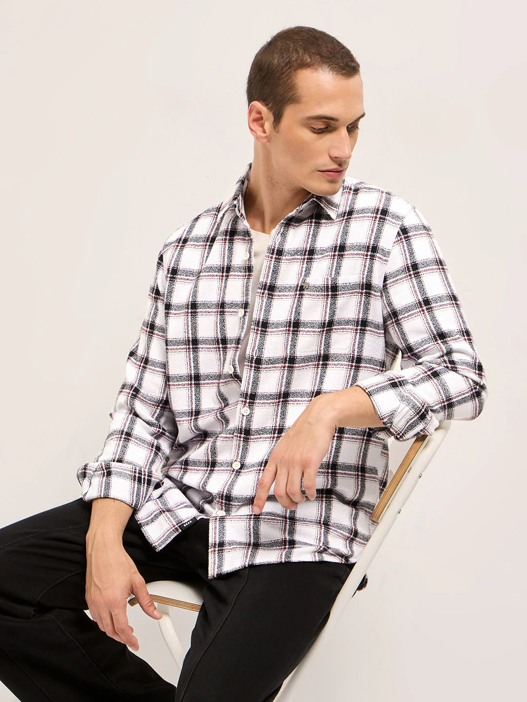 Men White Tartan Checked Flannel Slim Fit Casual Shirt