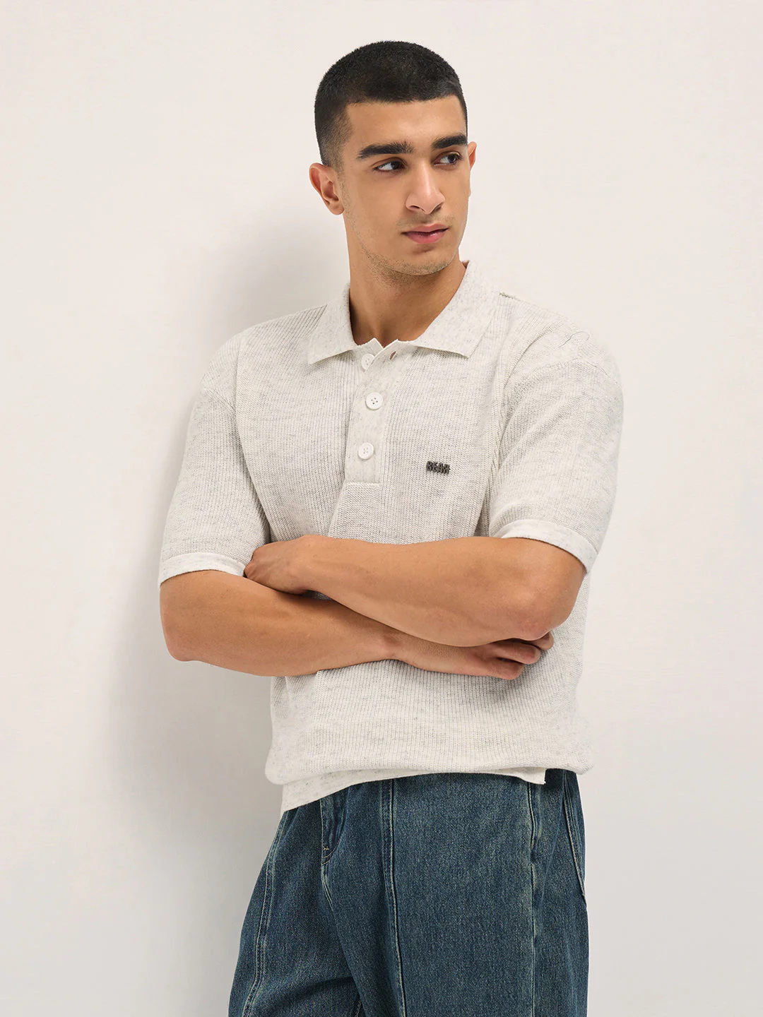 Men White Textured Knit Relaxed Fit Polo