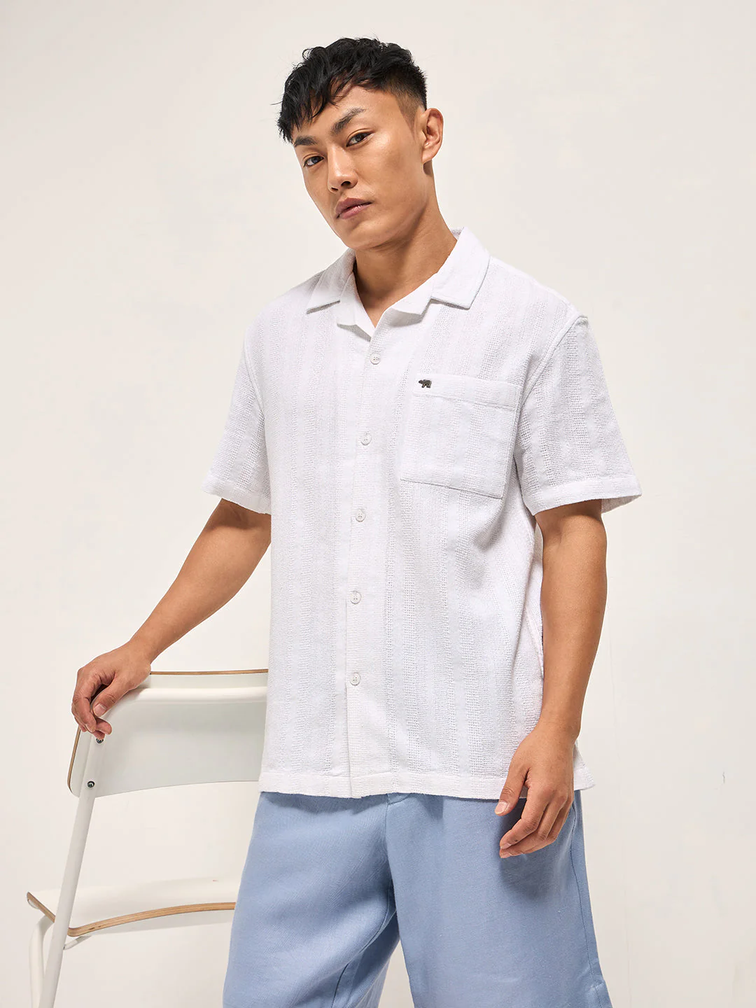 Men White Textured Striped Regular Fit Casual Shirt