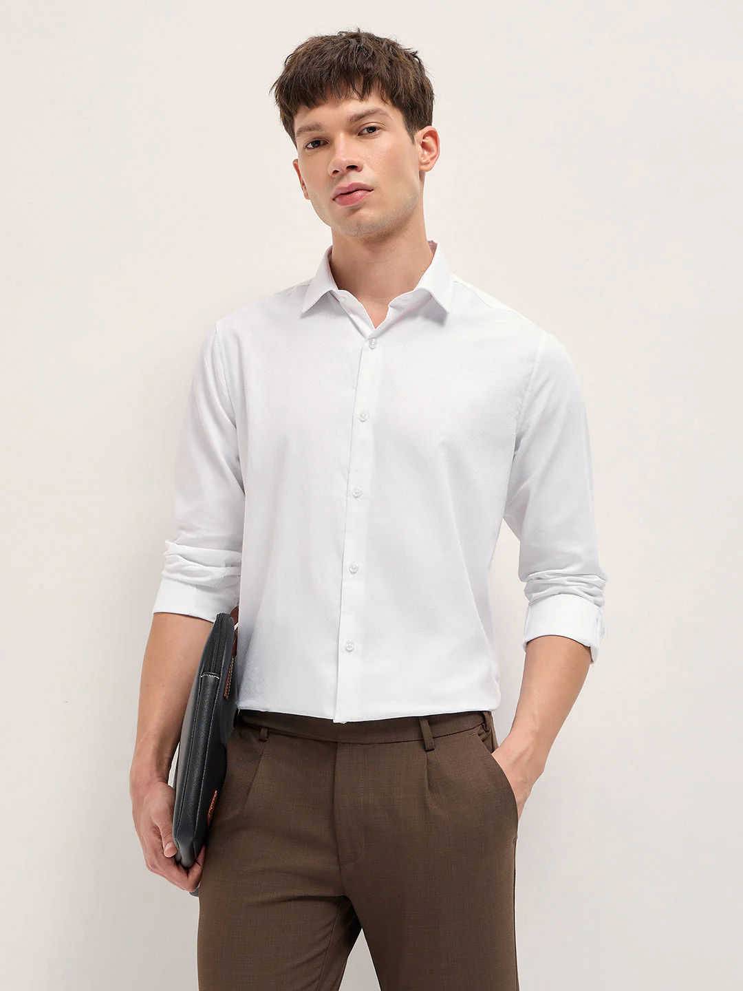 Men White Woven Design Polyester Blend Tailored Fit Formal Shirt
