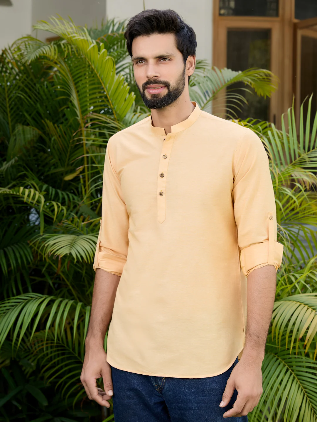 Men Yellow Deluxe Cotton Short Kurta