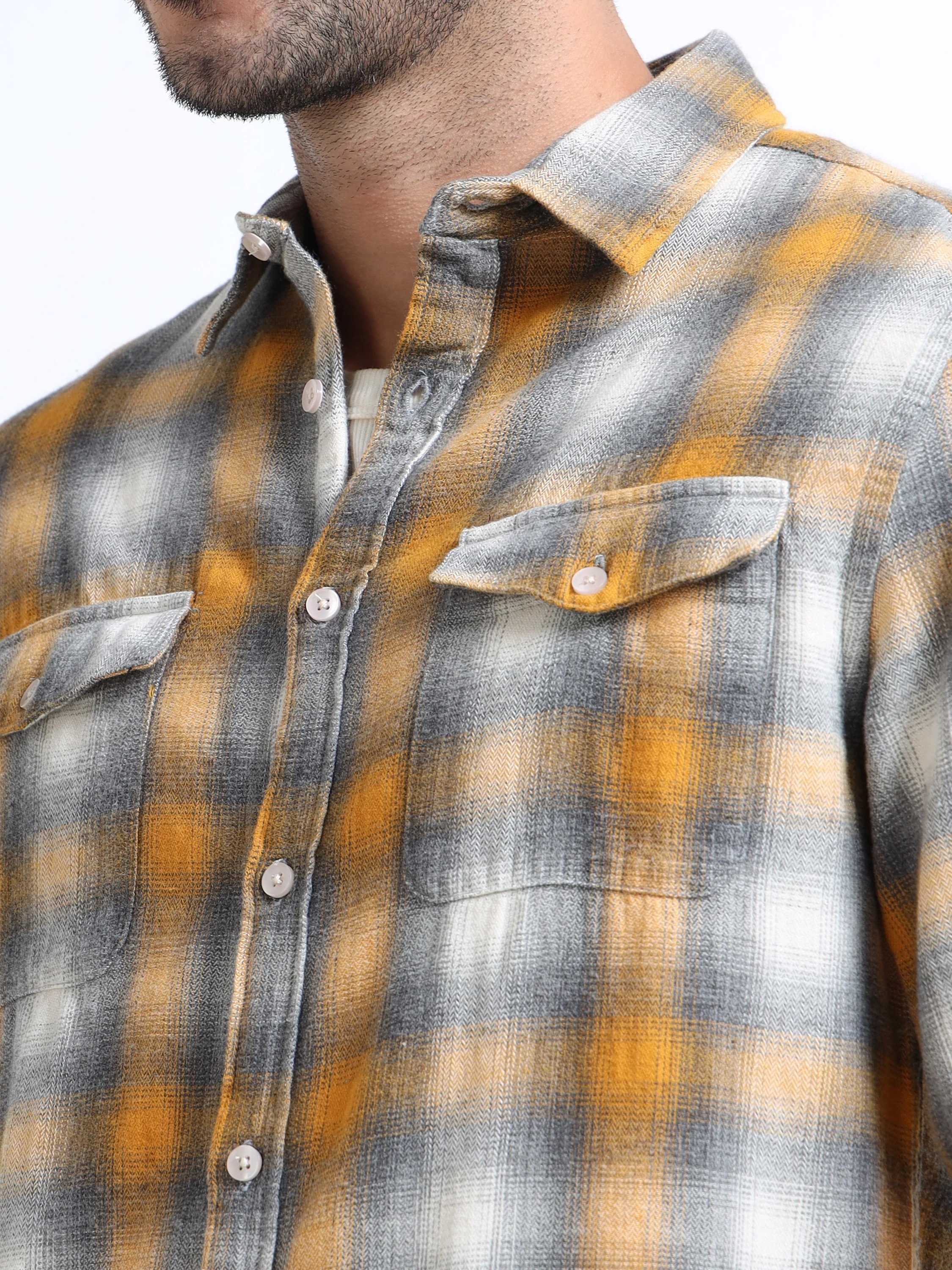 Men Yellow Grey Checkered Shirt - Image 4