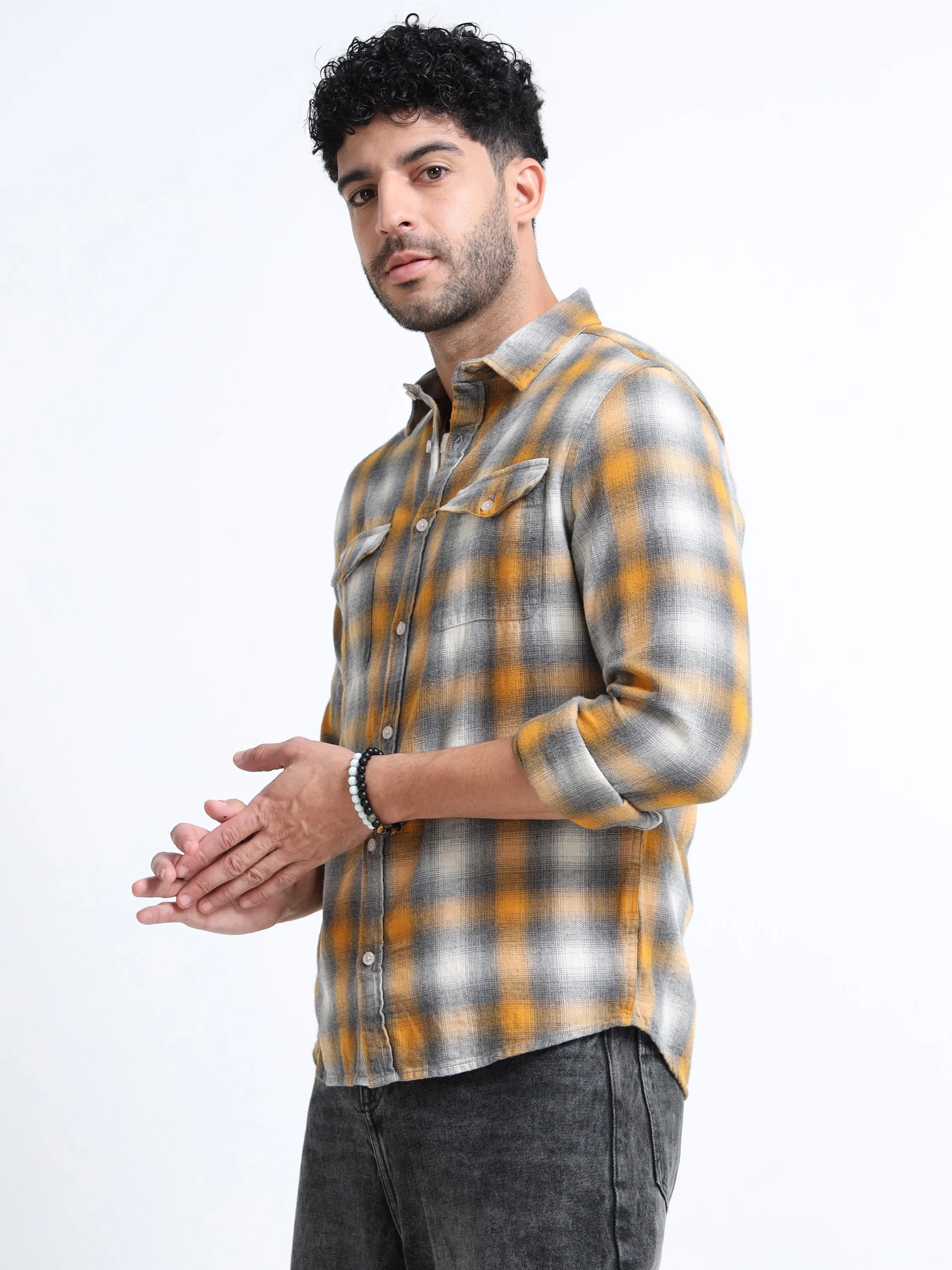Men Yellow Grey Checkered Shirt - Image 6