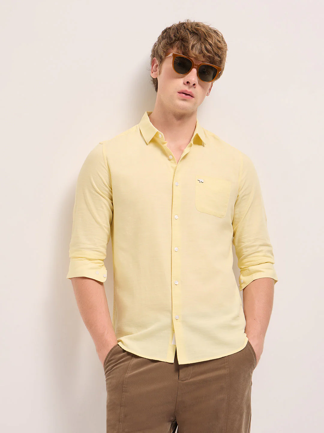 Men Yellow Solid Slim Fit Casual Shirt
