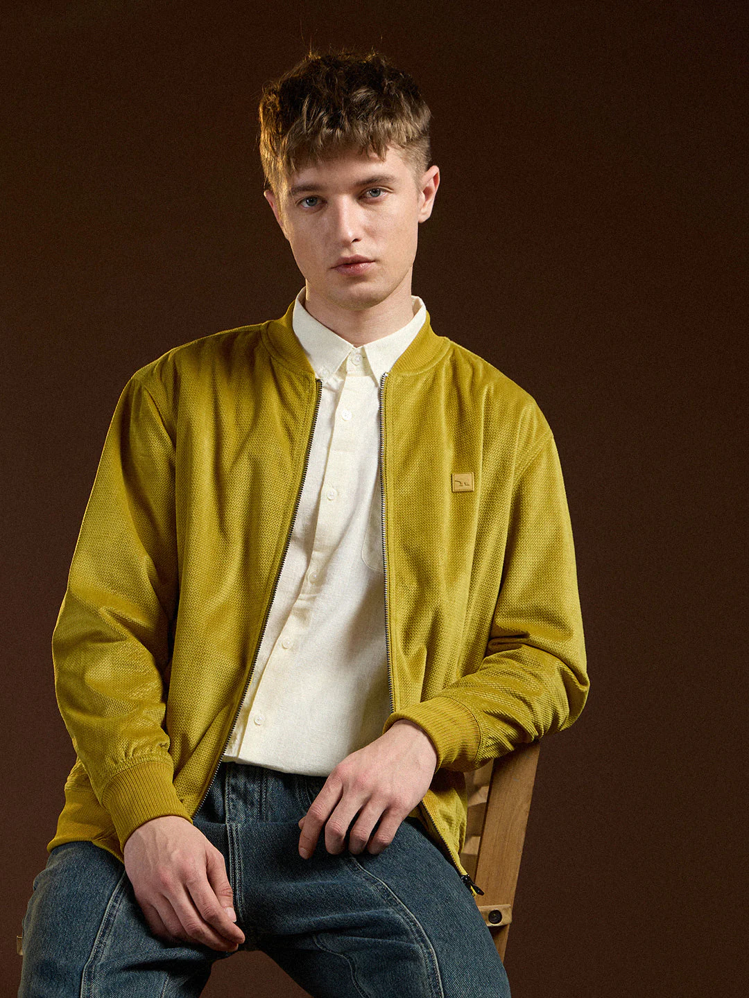 Men Yellow Textured Design Regular Fit Casual Jacket