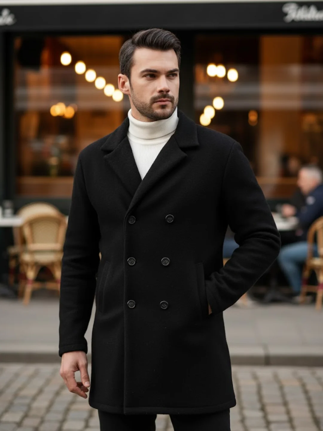 Men Black Polar Fleece Solid Double Breasted Coat