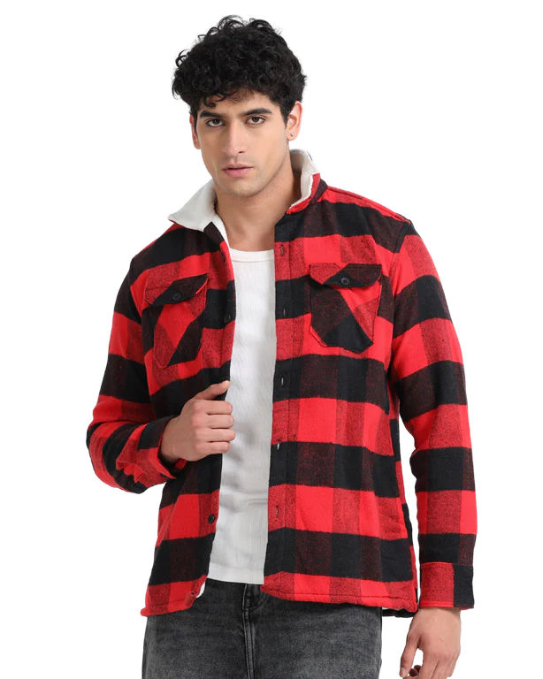 Men Checkered Long Sleeve Fur Collared Casual Brushed OverShirt
