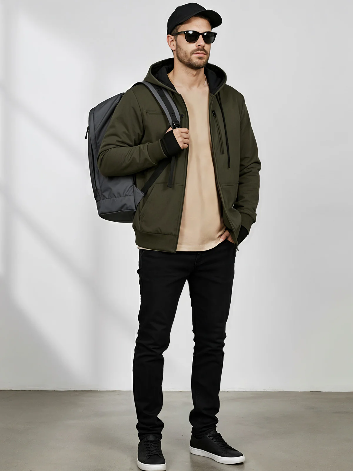 Men Olive Utility Travel Hoodie