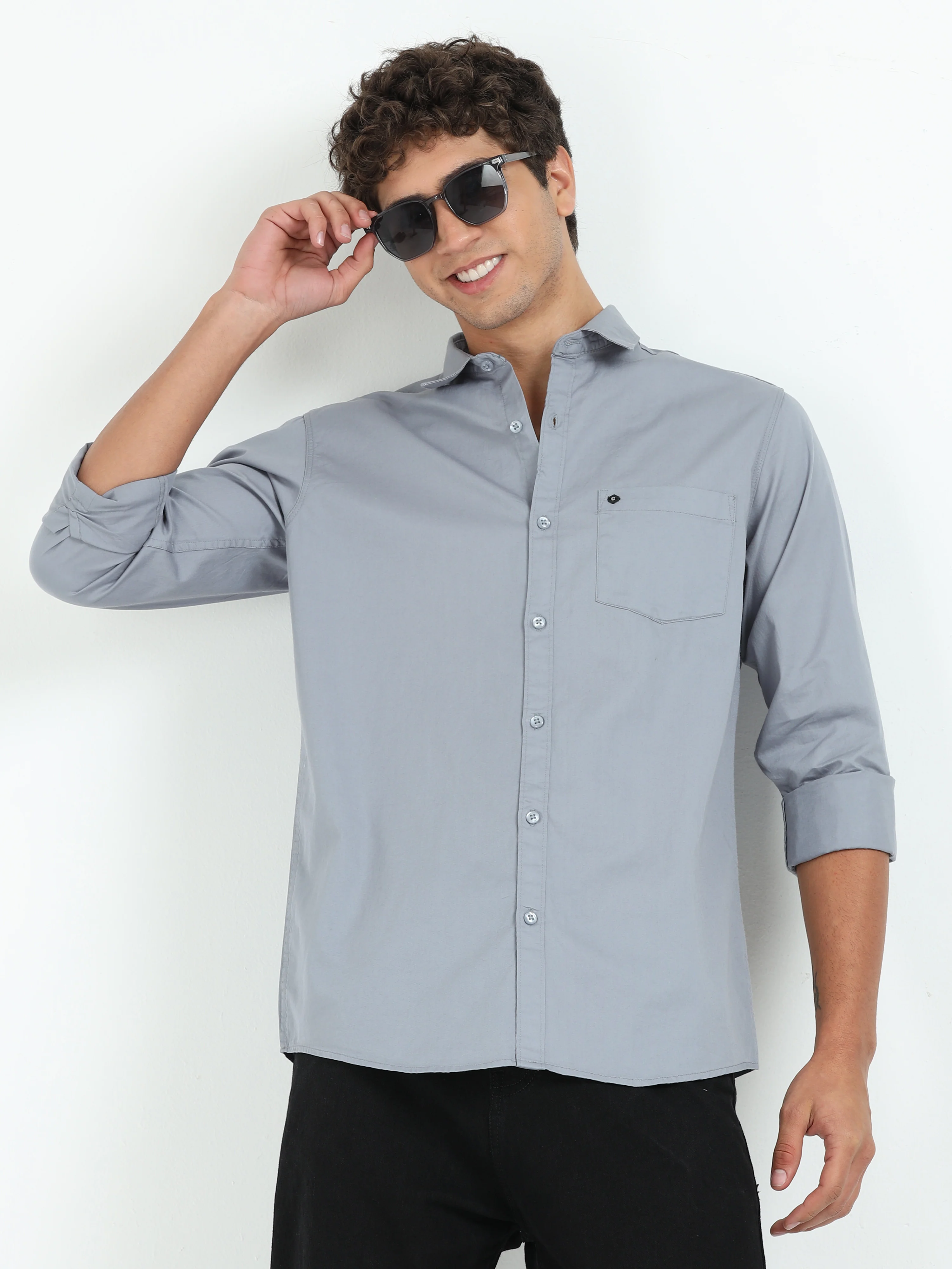 Men Grey Twill Shirt Slim Fit