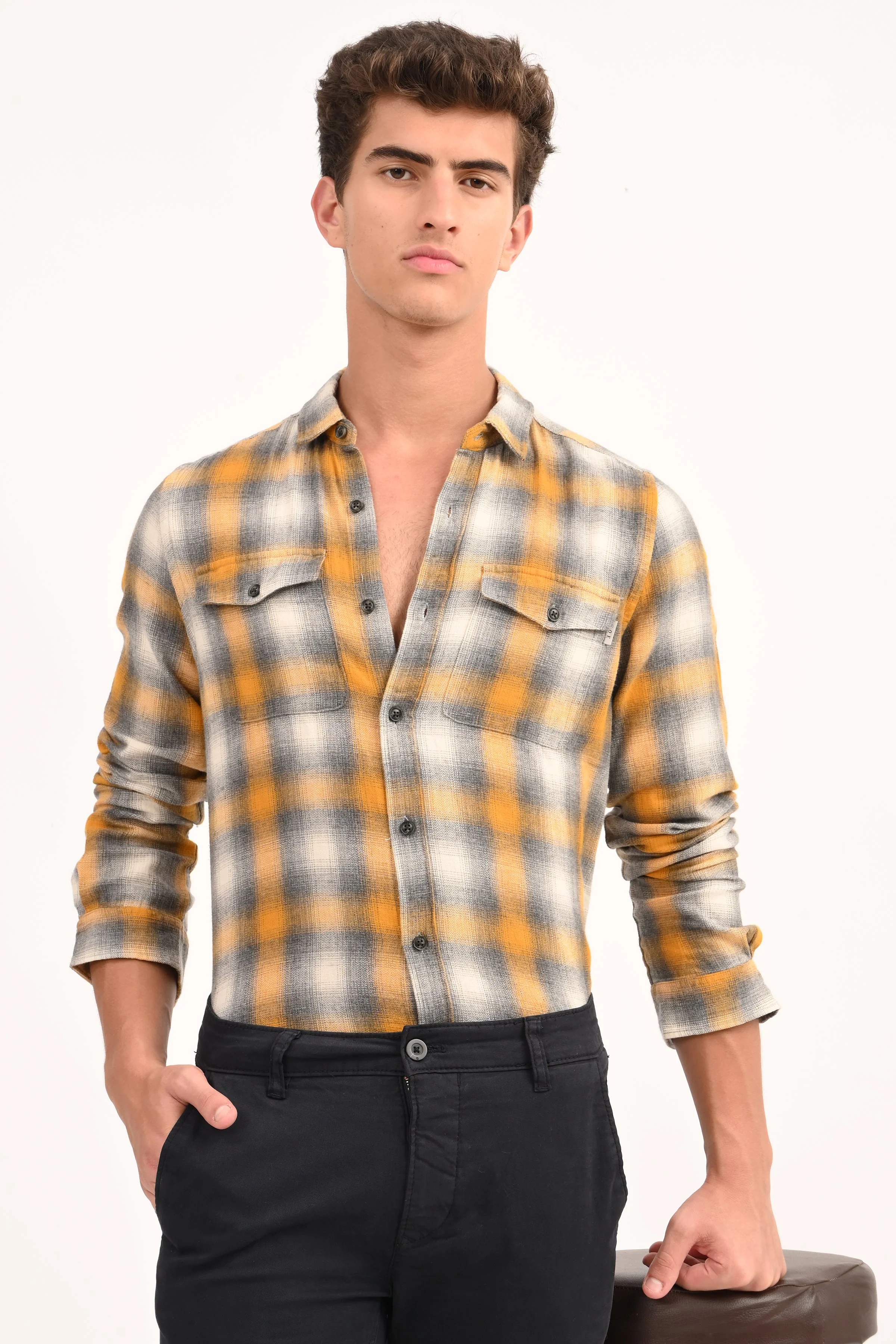 Men Leton Yellow Flannel Check Shirt