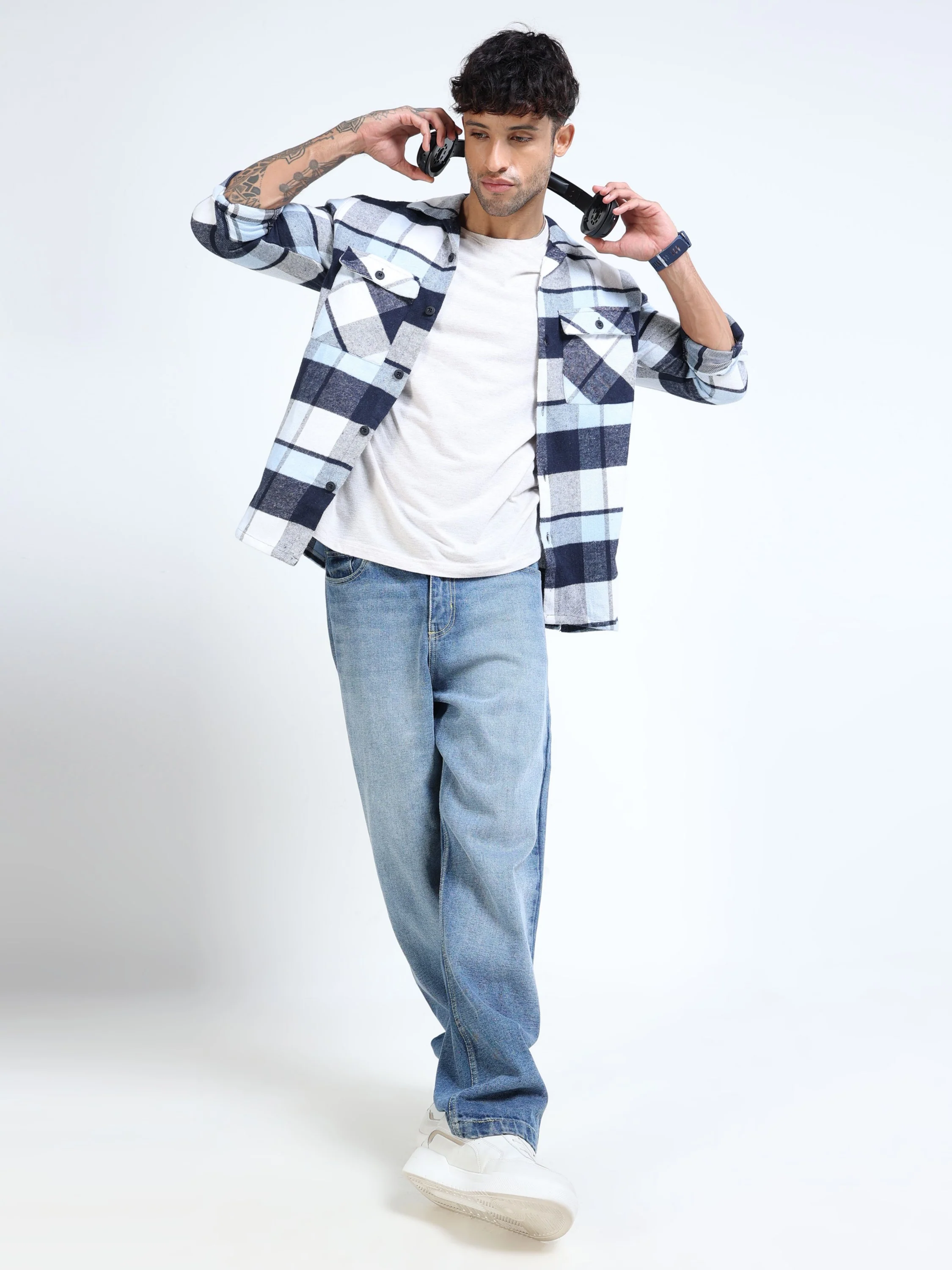 Men Twill Checked Sky Overshirt