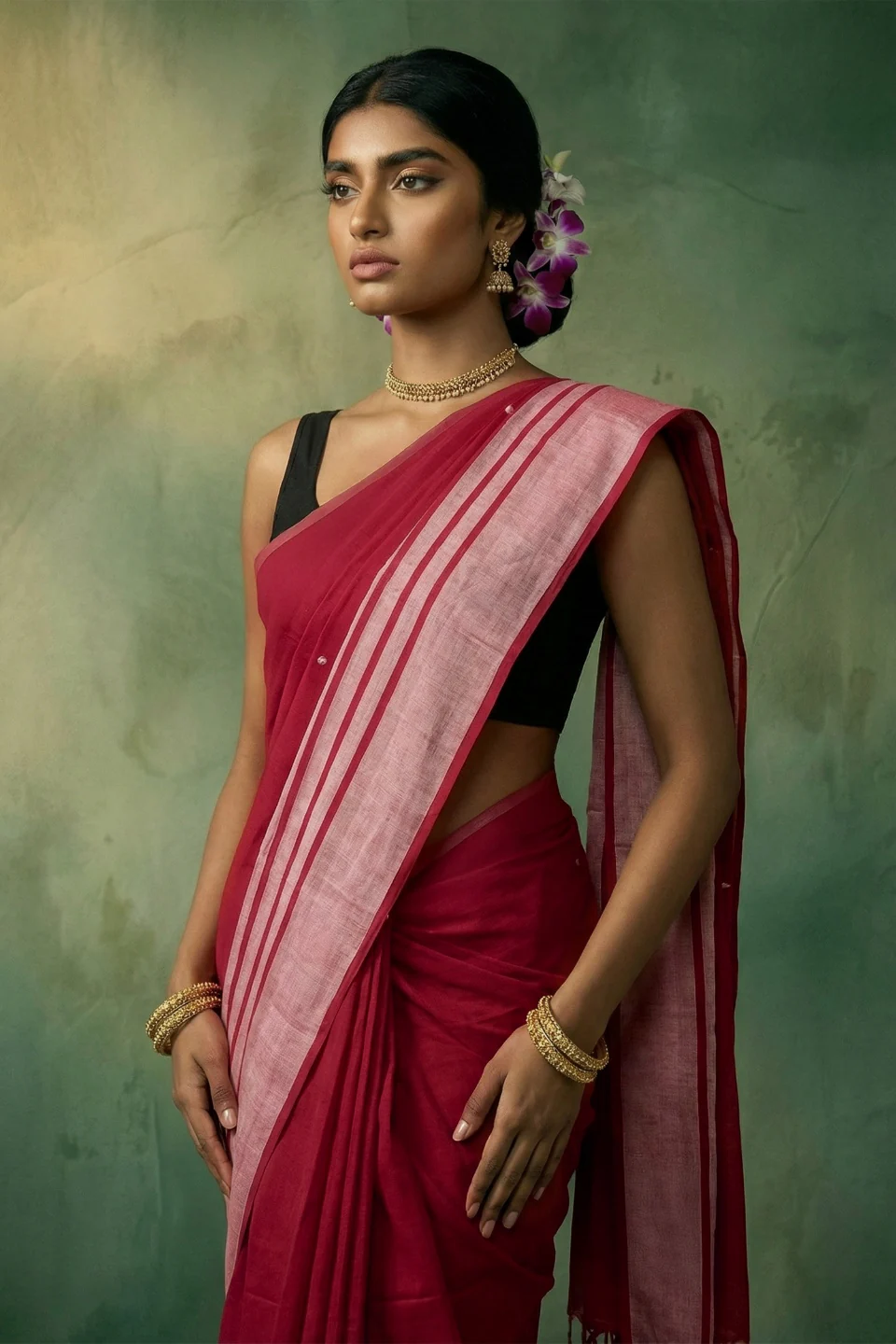 Nalini Red Handwoven Cotton Saree - Image 3