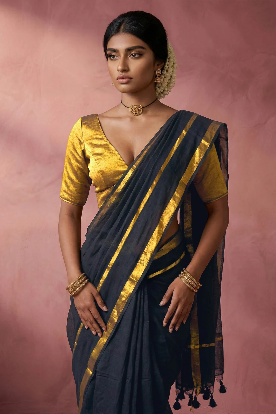 Nayanika Black Handwoven Cotton Saree - Image 3