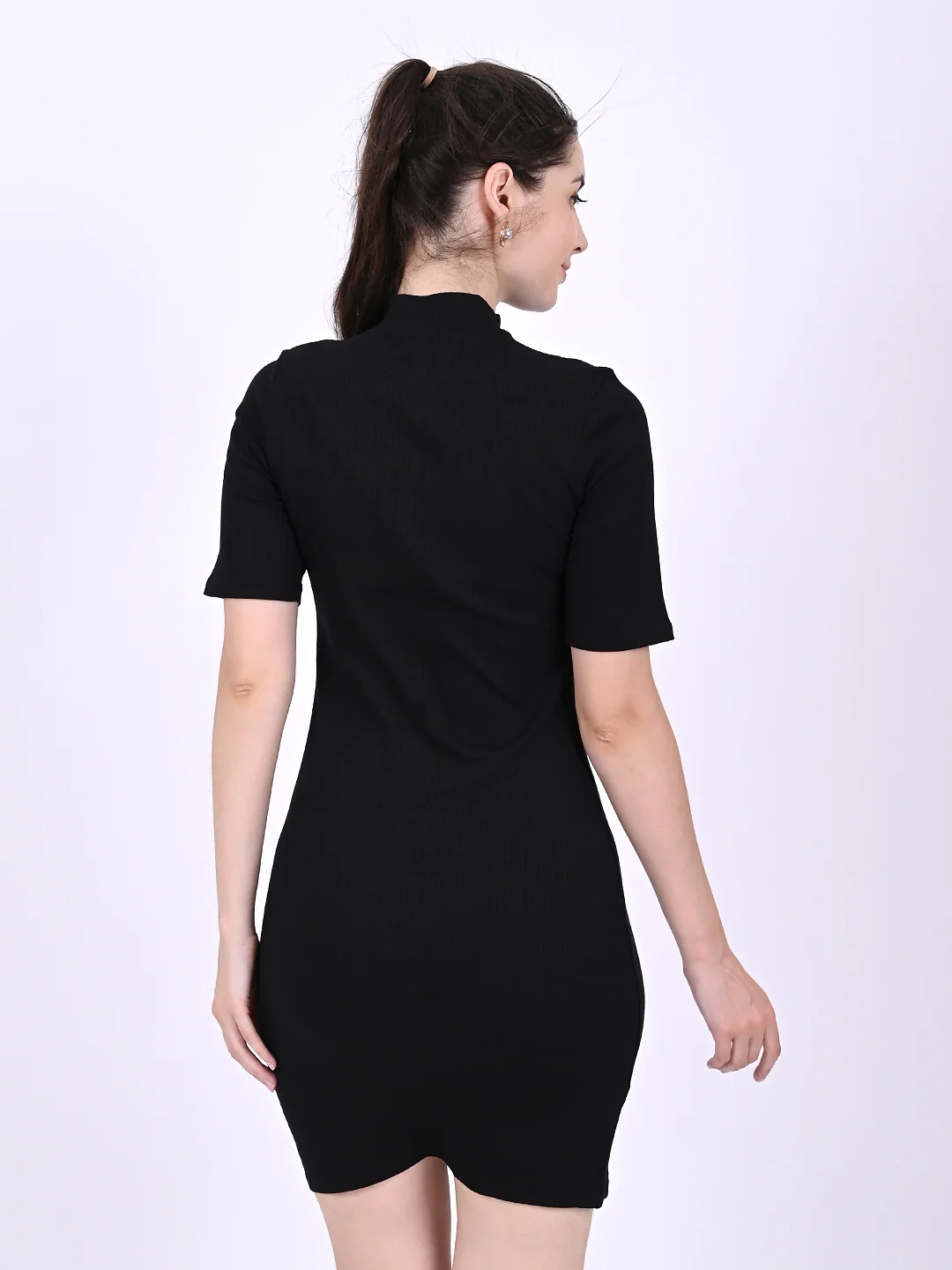 Women Black High Neck Ribbed Dress - Image 4