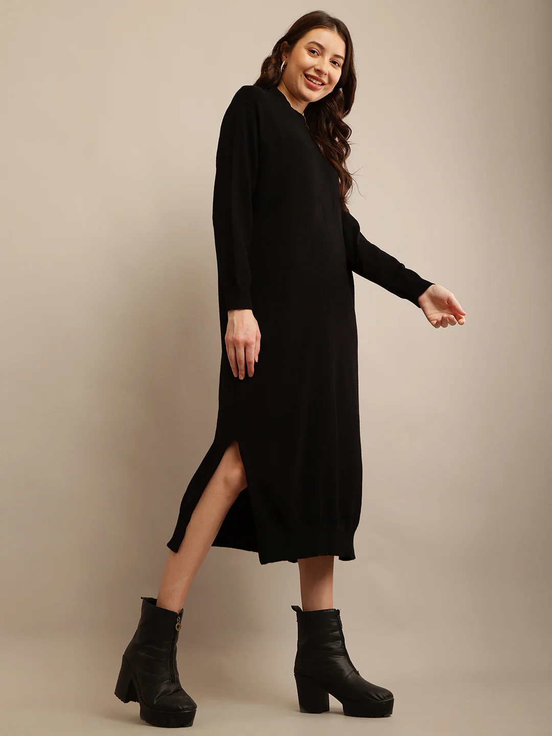 Women Black High Neck Dress - Image 3