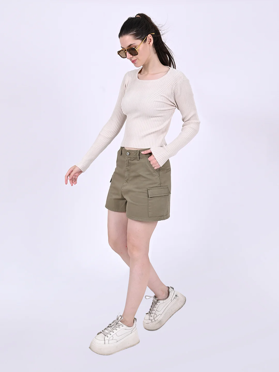 Women Cream Ribbed Top - Image 6